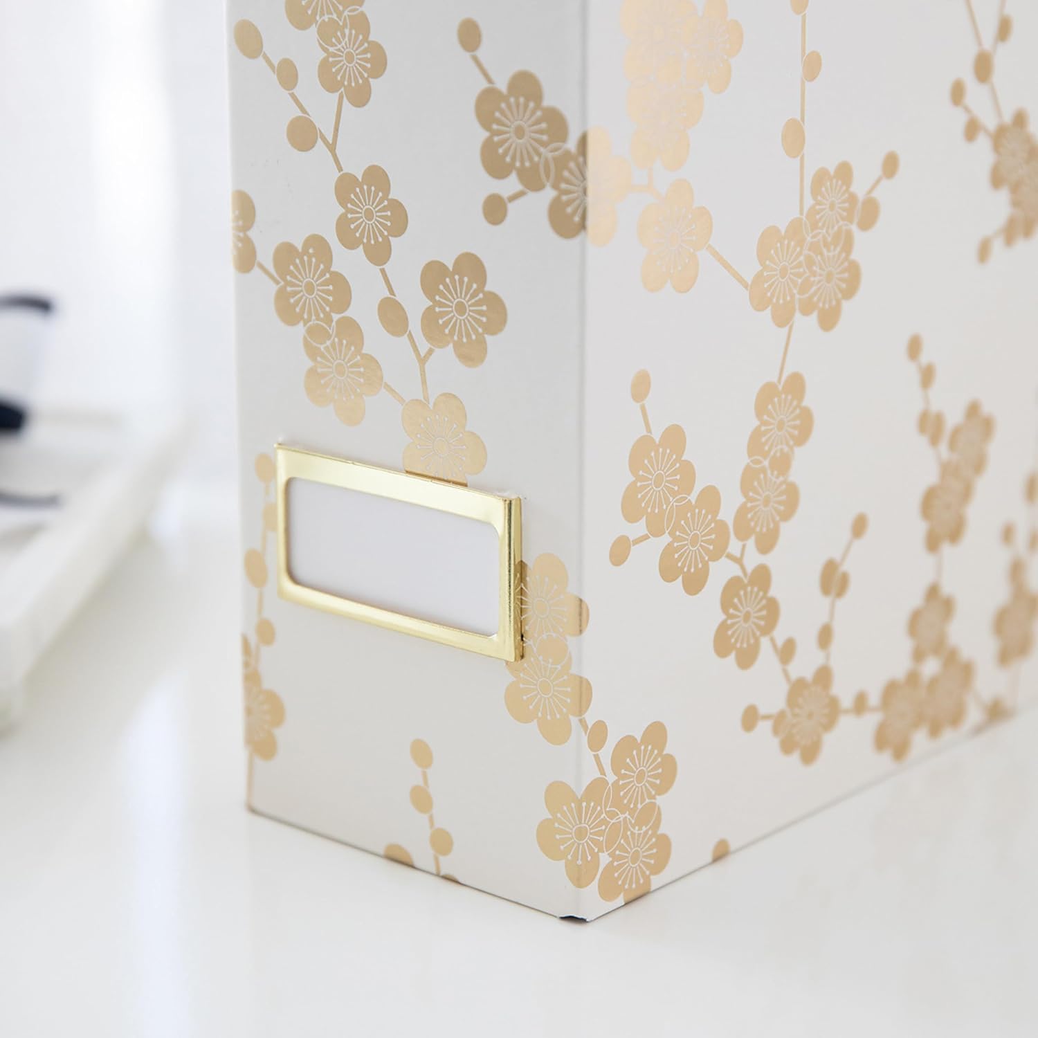 BLU MONACO | Set of 4 Foldable Magazine Storage Boxes with Gold Floral Pattern | Decorative Vertical File Organizers