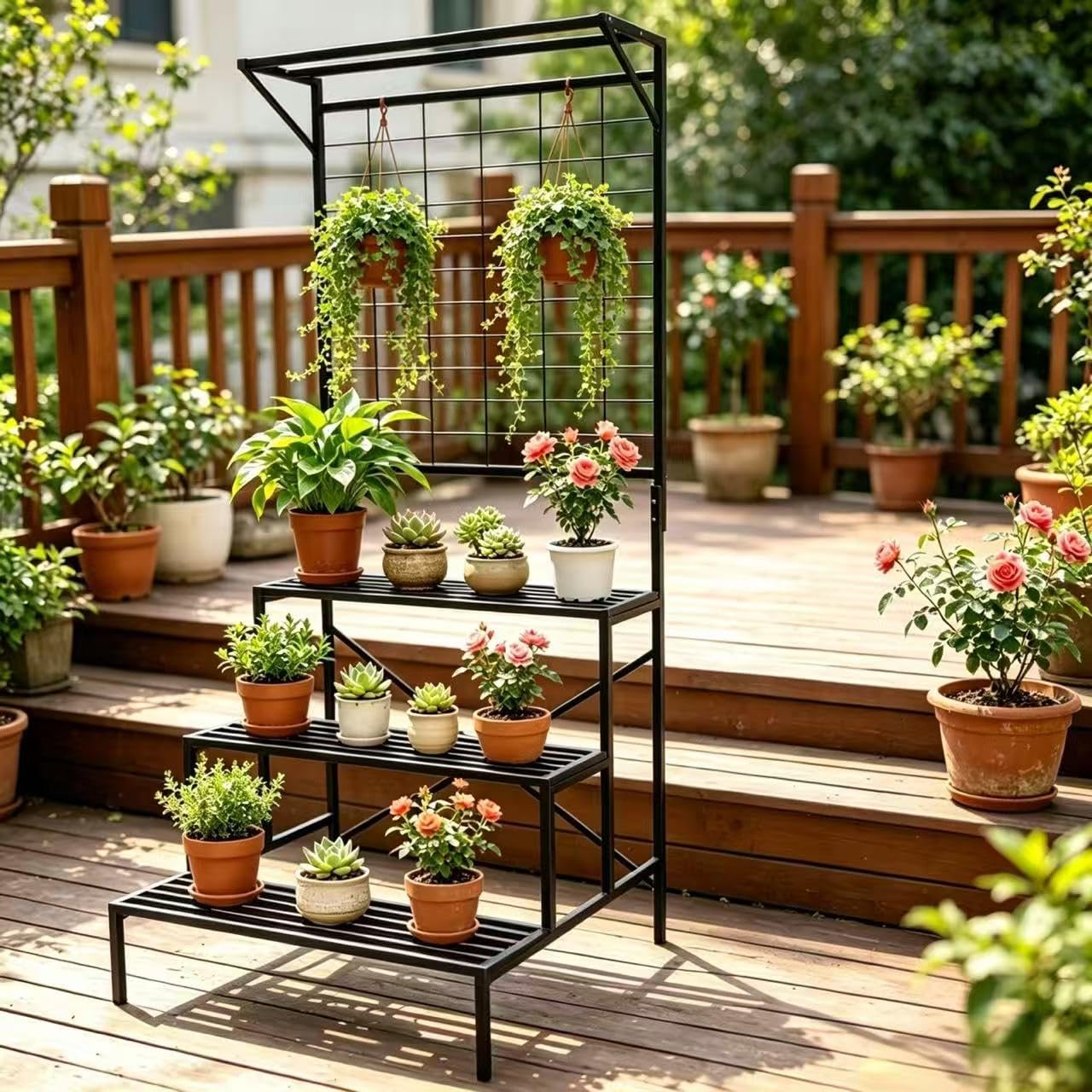 Zhongma 3 Tier Large Heavy Duty Plant Stand with Hanging Plant pot shelf, 35.43 x 33.27 x 78.74, Tall multi layer Plant
