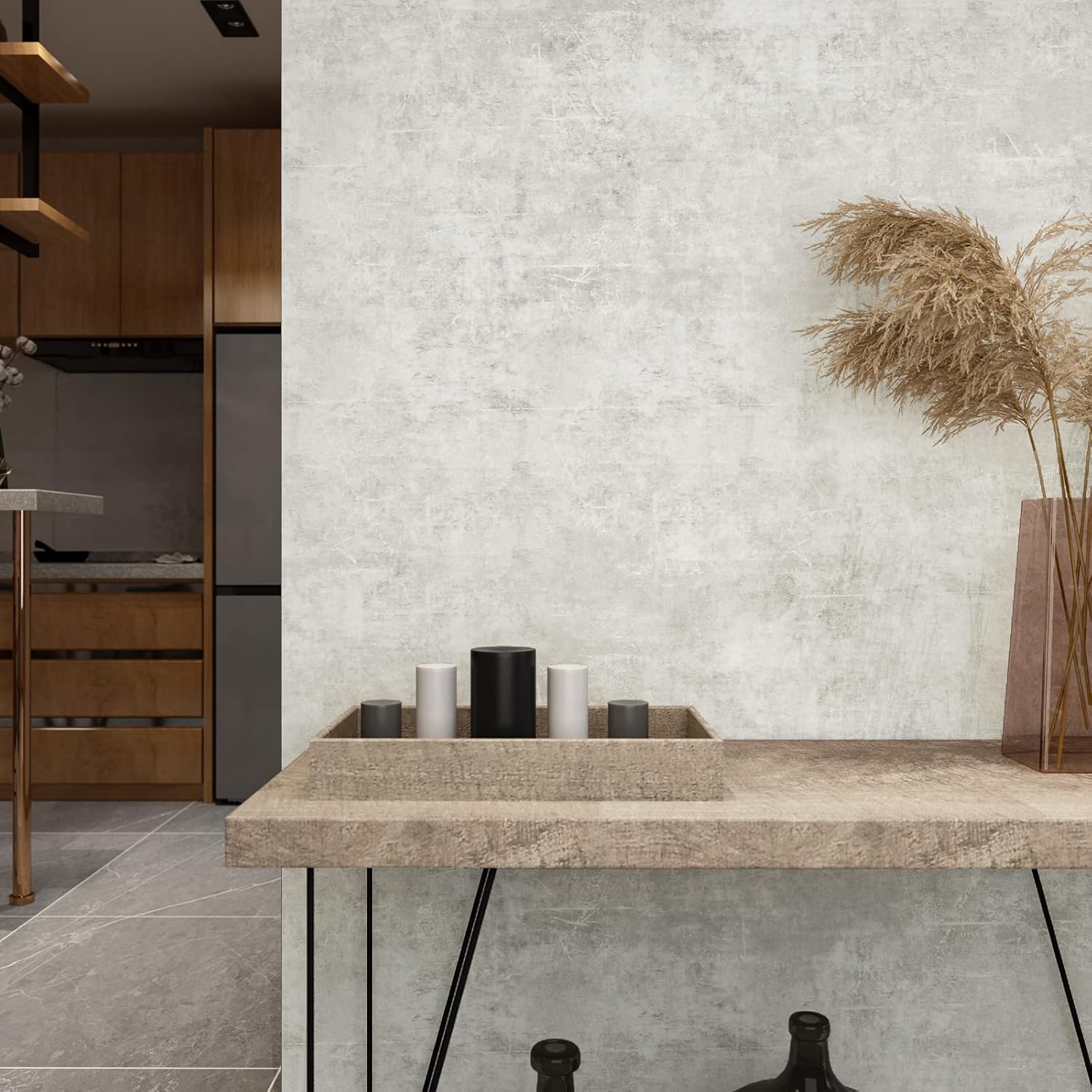 Distressed Concrete Wallpaper Peel and Stick Modern Limewash Wallpaper / 24''x118 / Light Grey