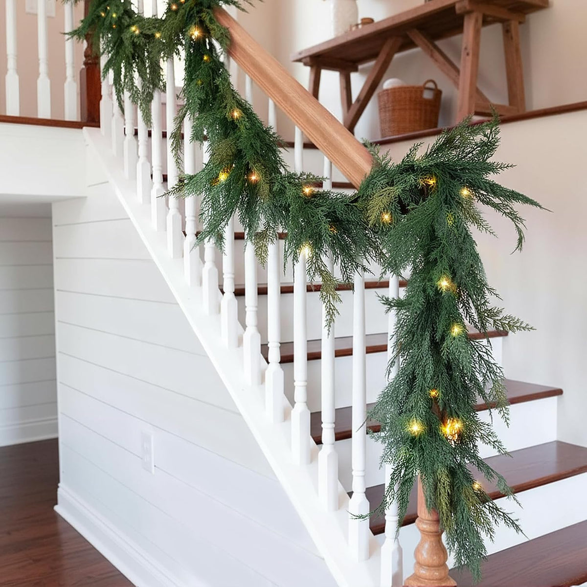 Christmas Cedar Garland Realistic with Lights - Cypress Decorations 9ft for Mantle Lighted Faux Pine Garlands for Xmas