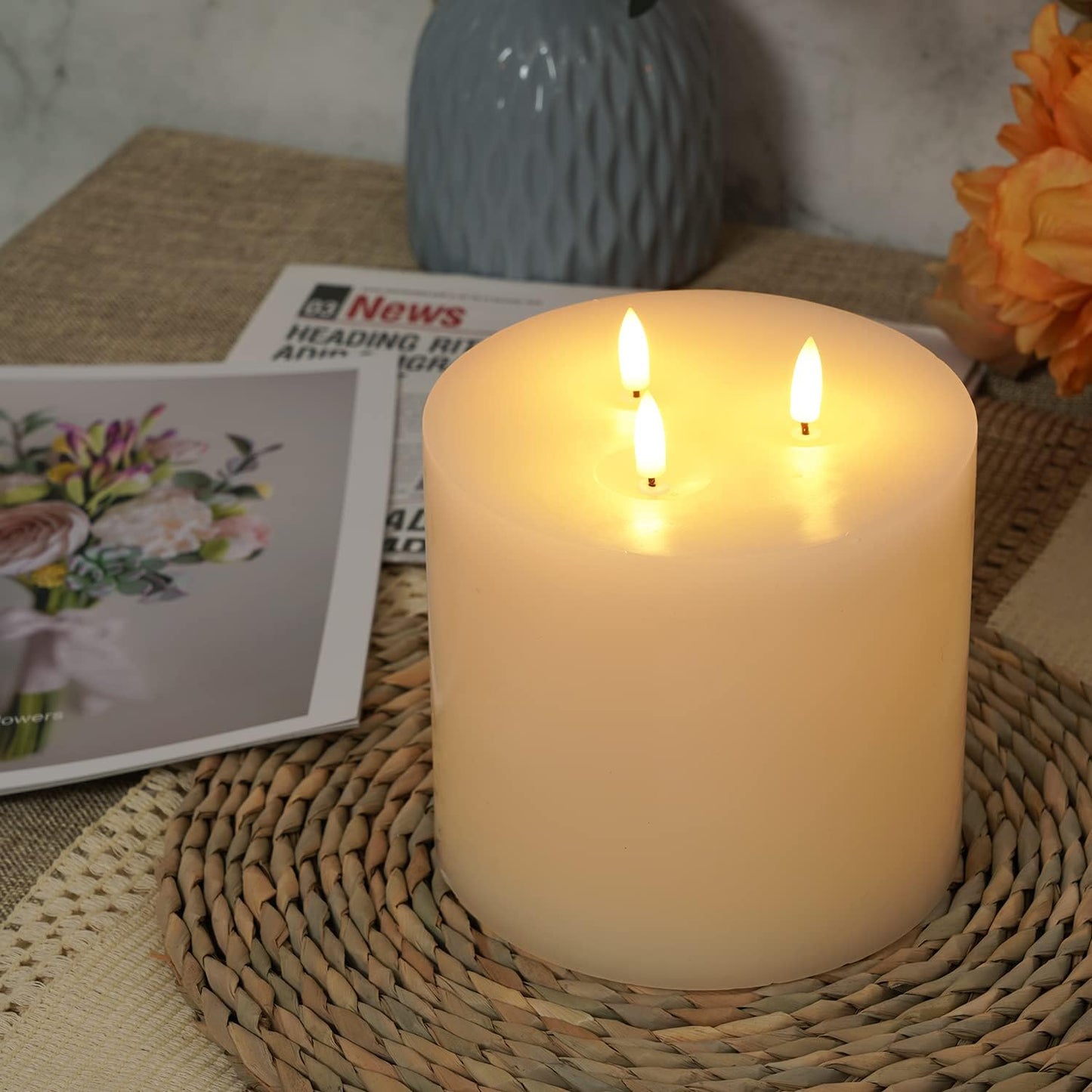Amagic 3 Wick Extra Large Flameless Pillar Candles with Timer Remote, Ivory | 6"x6" Real Wax Battery Operated LED