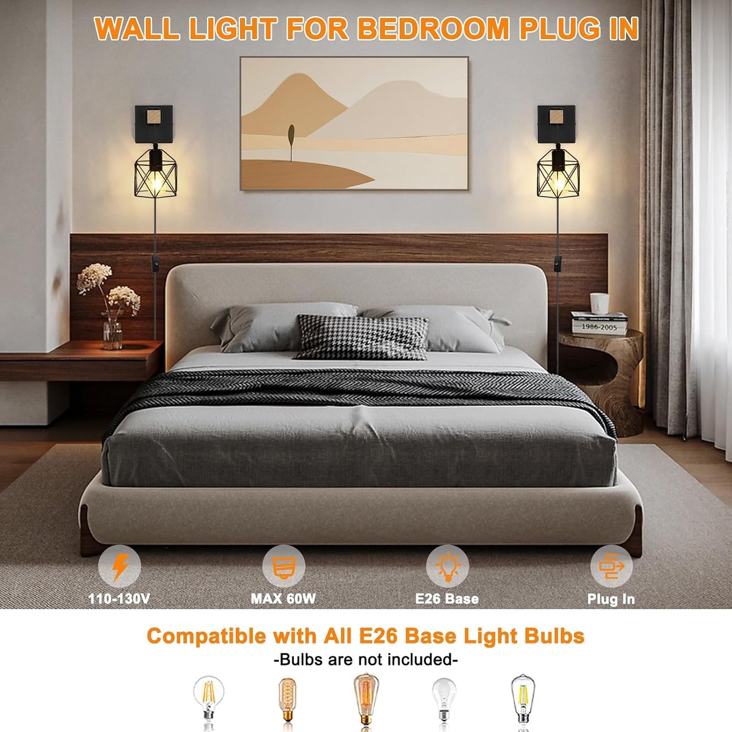 Lightess Farmhouse Plug in Wall Sconces Lamps for Bedroom Set of 2 | Easy Plug In Installation Without Wiring Work