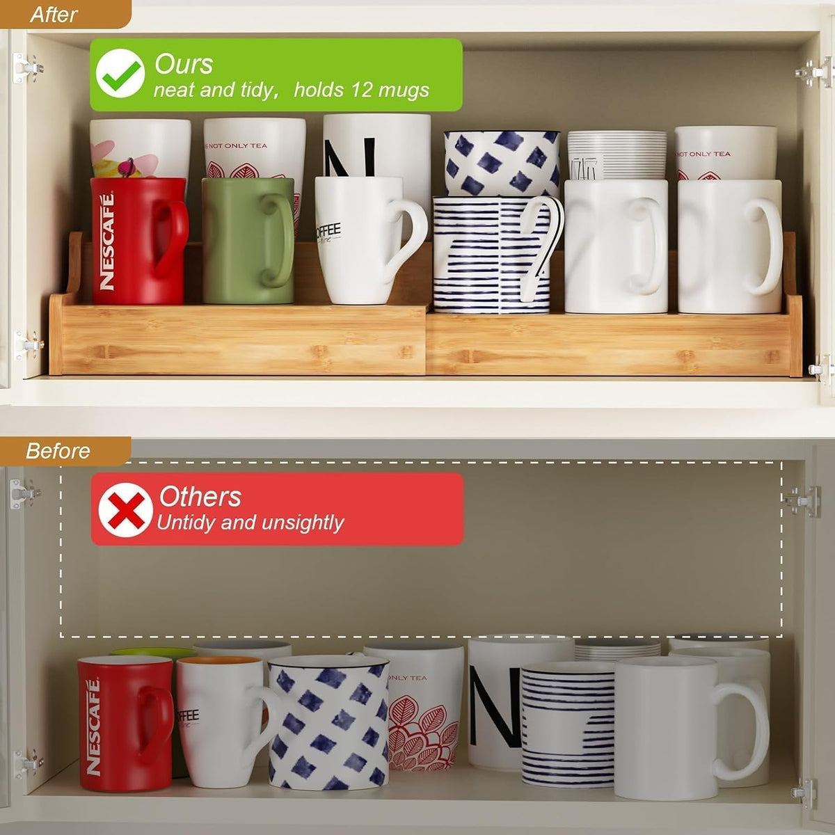 Hongtamoya 2-Tier Expandable Bamboo Coffee Mug Holder, Mug Organizer for Kitchen Cabinets, Mug Cup Rack