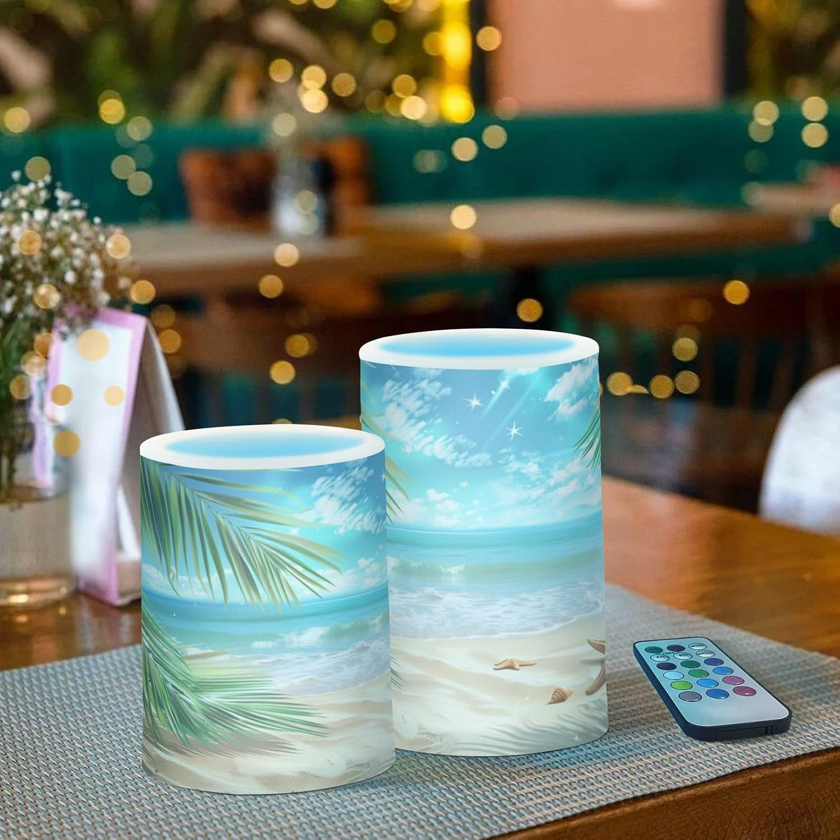 Flickering Flameless Candles, Palm Leaves Starfish Beach LED Candles with Remote Timer, Set of 2 Battery Operated