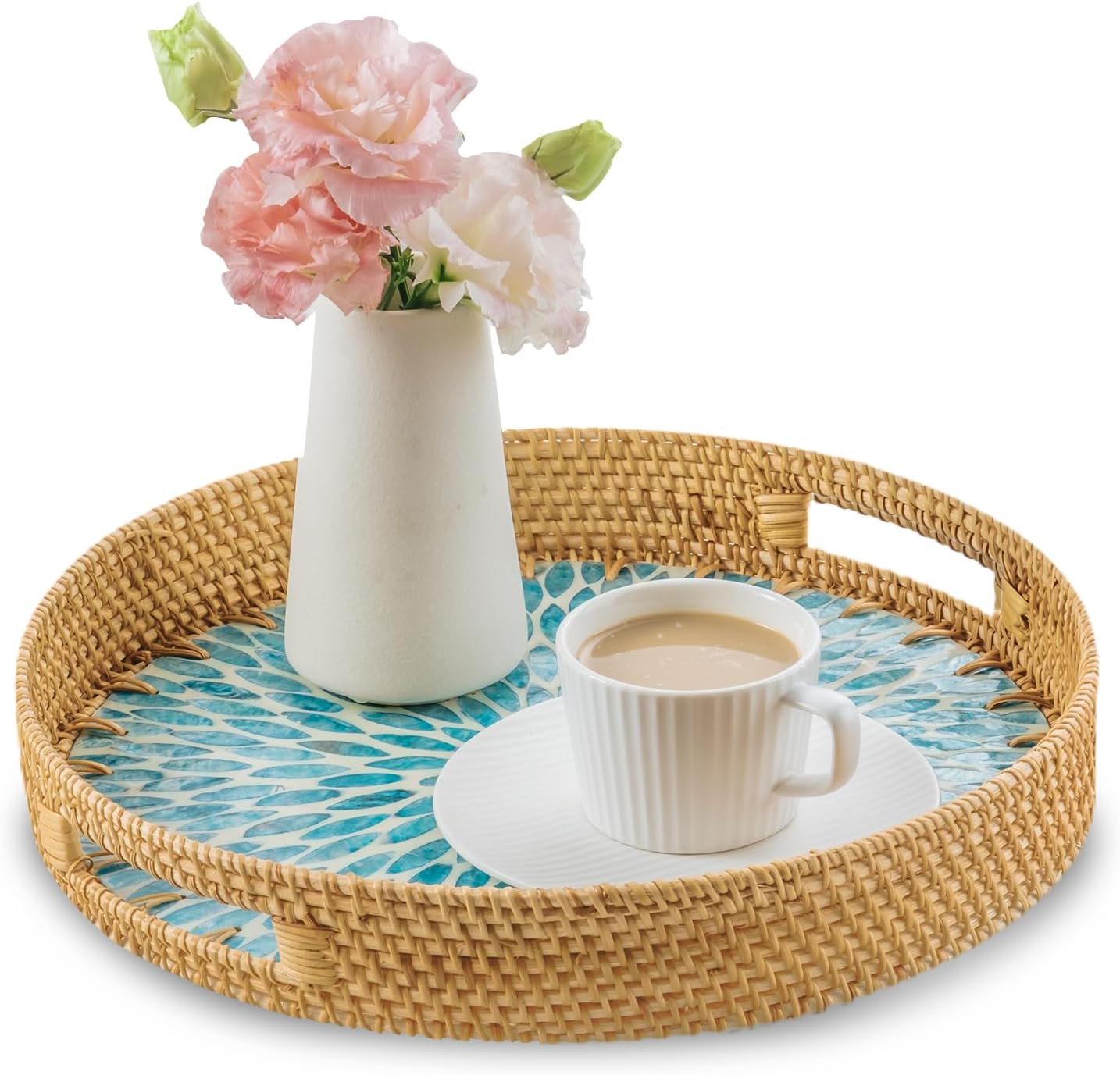 in Round Rattan Serving Tray / Blue / 13.8 Inch