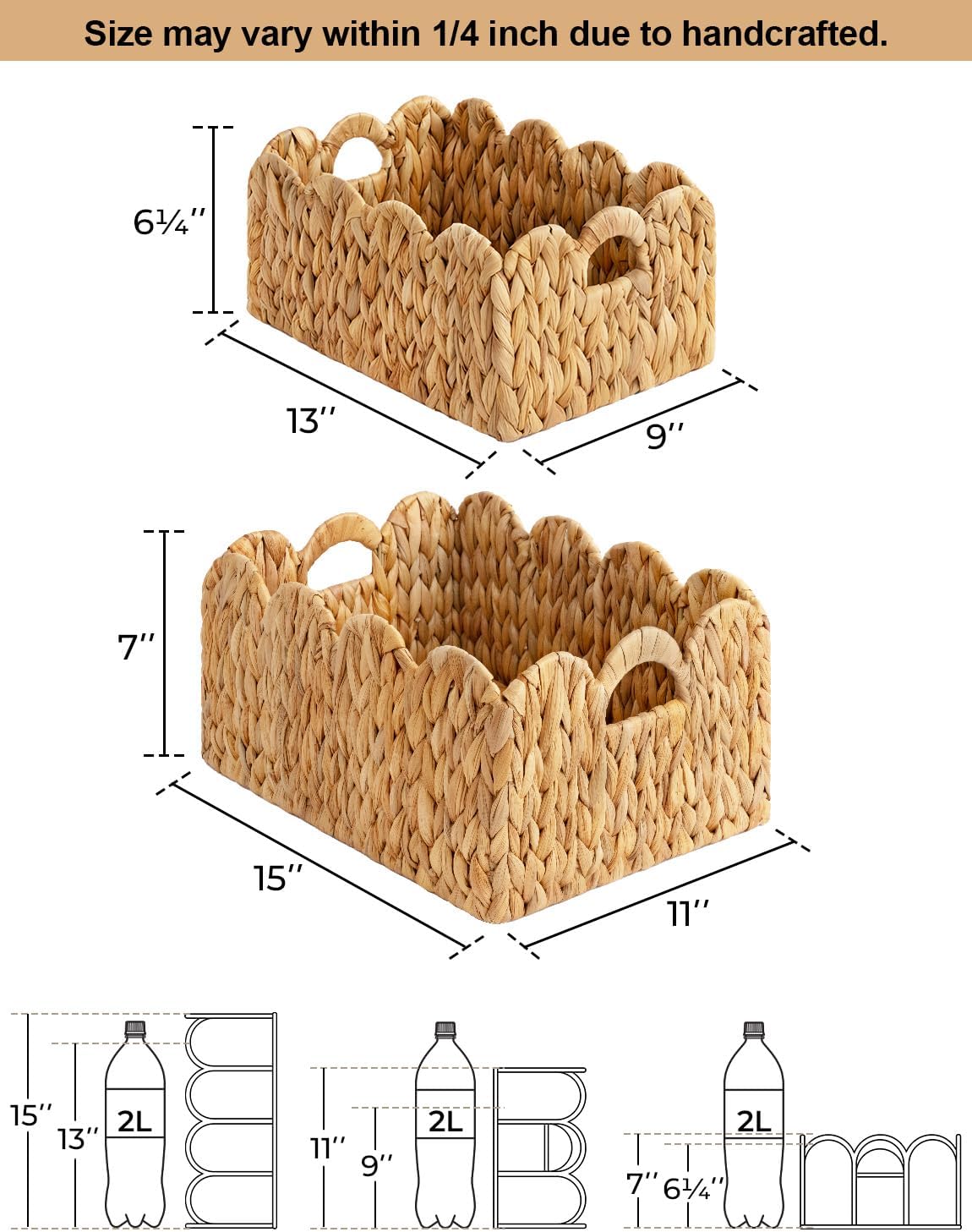 Hand-woven Rattan Baskets / Natural / 15" L x 11" W x 7" H