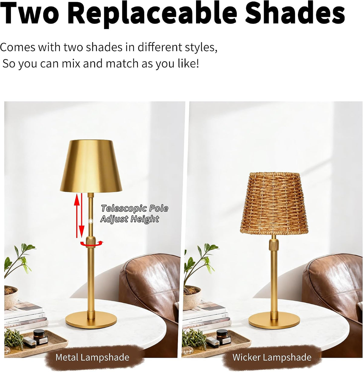Mr.White Outdoor Waterproof Rechargeable Cordless Table Lamp with Telescopic Pole & Wicker Shade, 5200mAh Battery