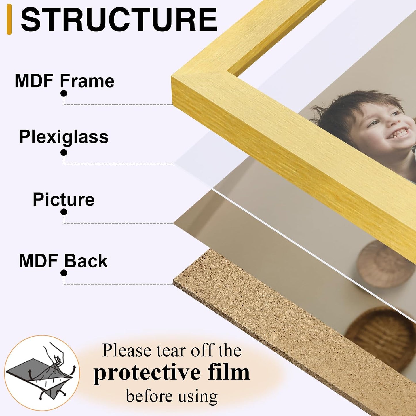 decorUhome Gold Triple 8x10 Picture Frame Vertical, MDGD08 | "Z" Shape Folding Design Engineered Wood Trifold Photo