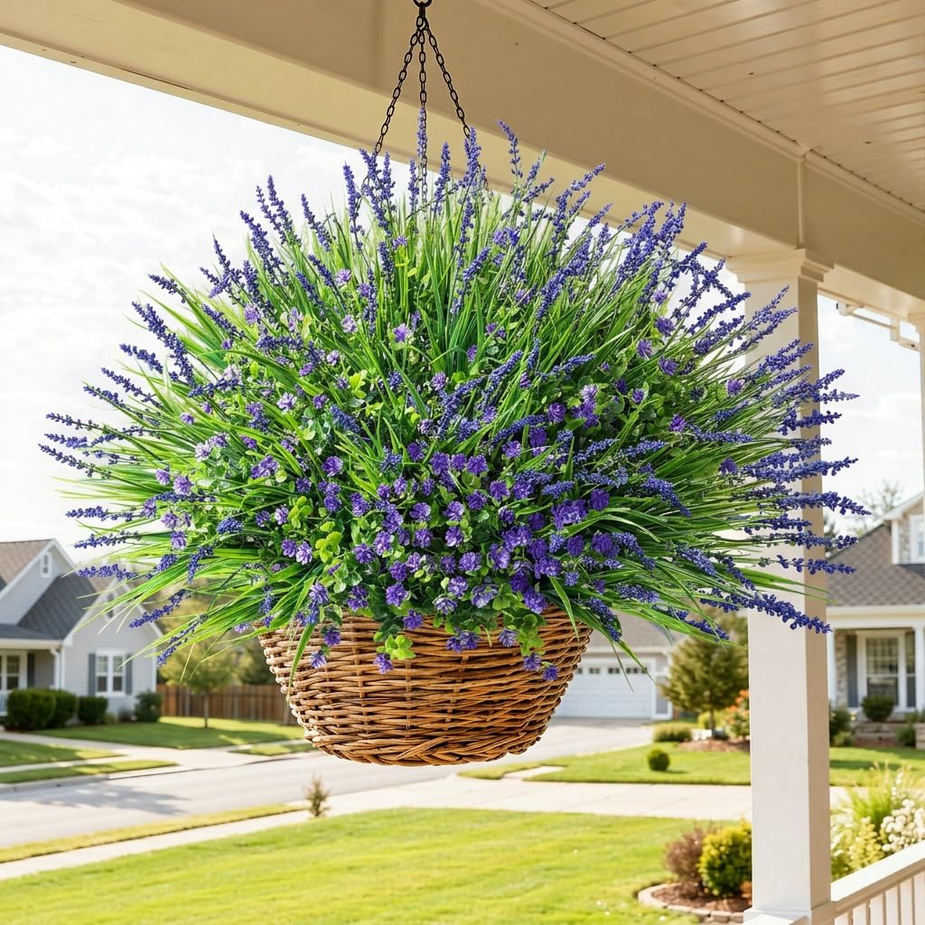 20 Bundles Artificial Fake Outdoor Plants Flowers / Purple Monkey Grass+ Purple Flowers / Set of 12
