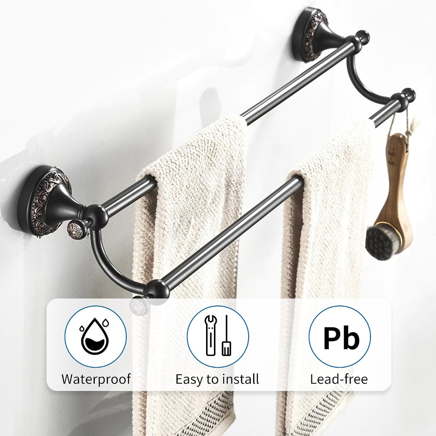 Oil Rubble Bronze Brass Double Towel Bar, Adjustable 15.5 to 27.5 Inch Bath Towel Bar Rack for Bathroom Towel Holder