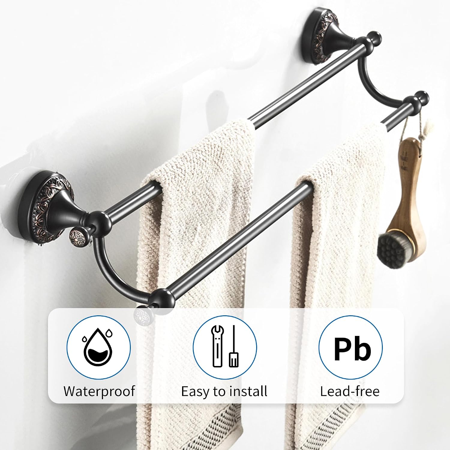 Oil Rubble Bronze Brass Double Towel Bar, Adjustable 15.5 to 27.5 Inch Bath Towel Bar Rack for Bathroom Towel Holder
