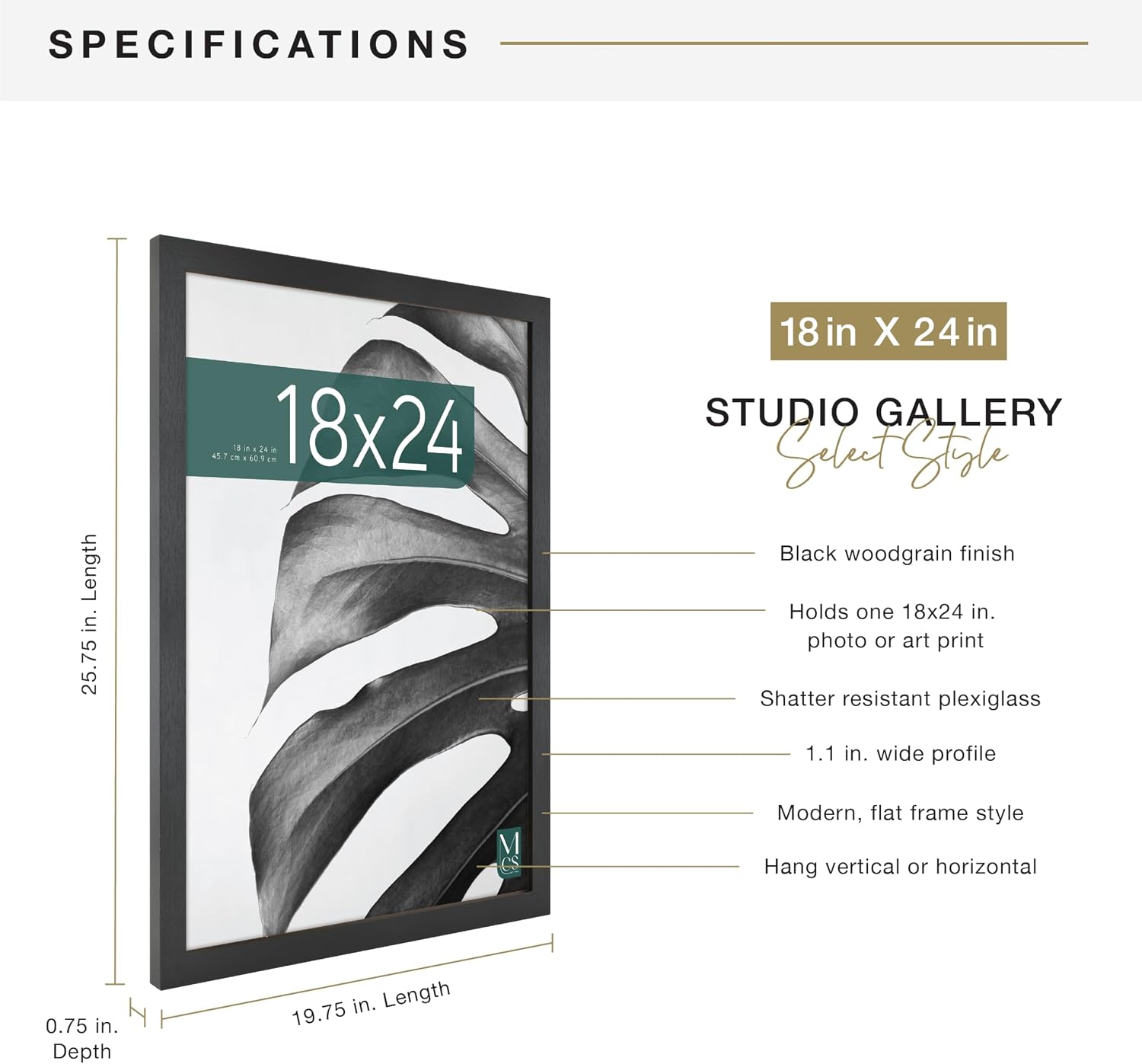 MCS Studio Gallery Poster Frame, 18x24, Black Woodgrain, 1-Pack | Studio Gallery Poster Frame For Photos & Art Prints