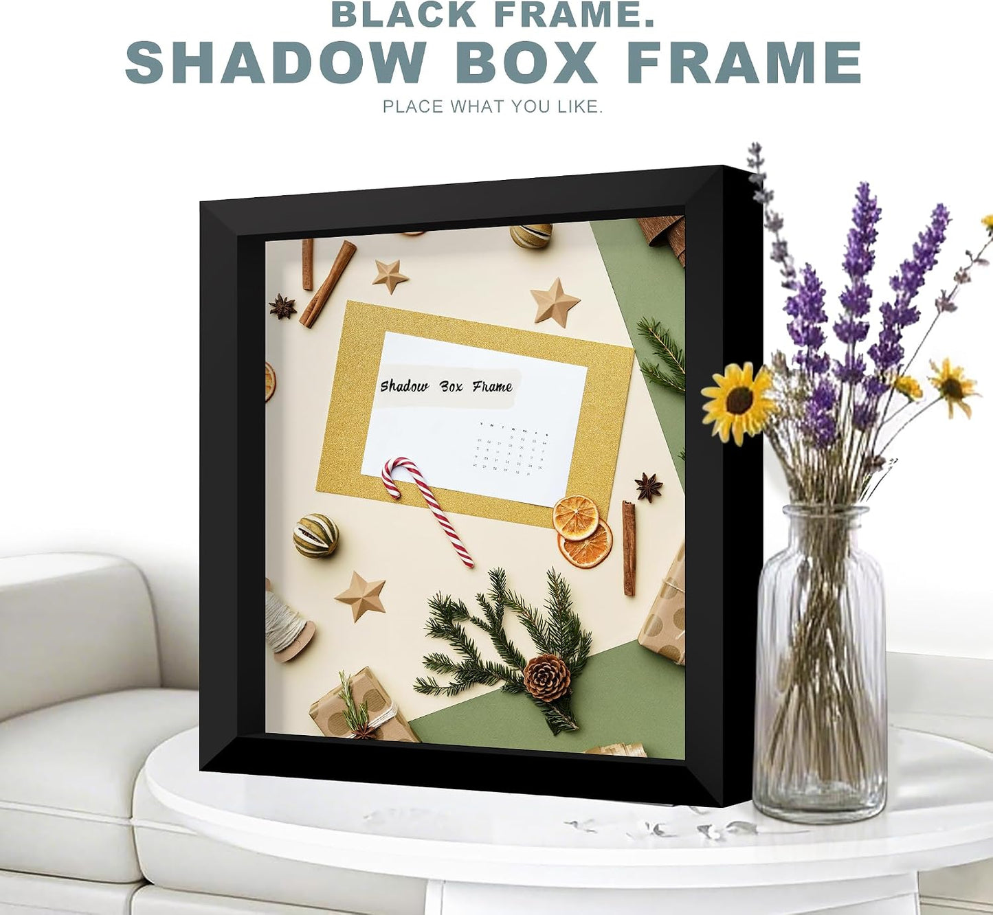 12x12 Black Wooden Shadow Box Frame, 1.2" Deep, Tempered Glass | Black Backboard, Tabletop & Vertical/Horizontal Wall