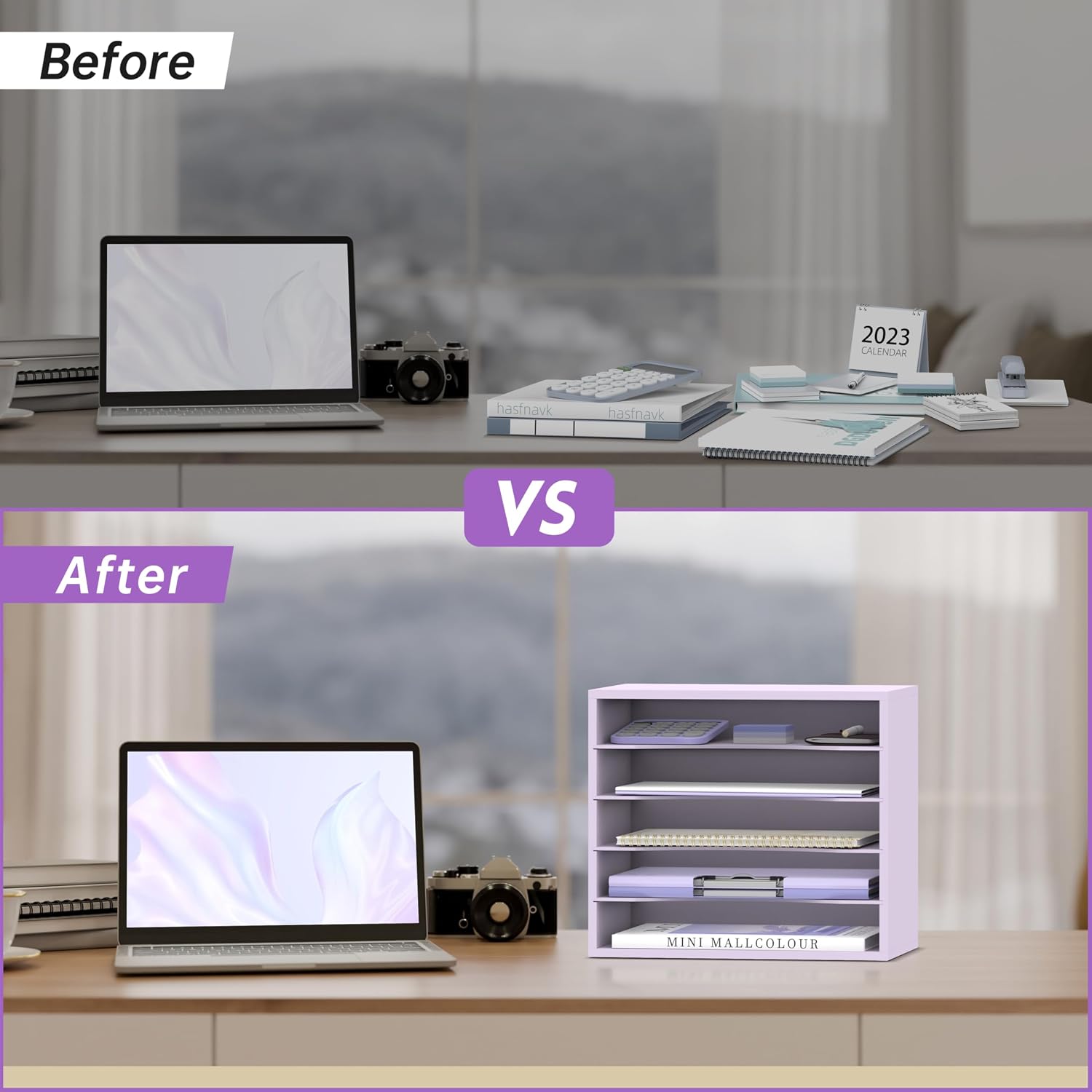 5 Tier Wood Desk Organizer, Paper Organizer for Desk, Purple | Wooden Desktop Organizer for Sorting Papers, Letters and