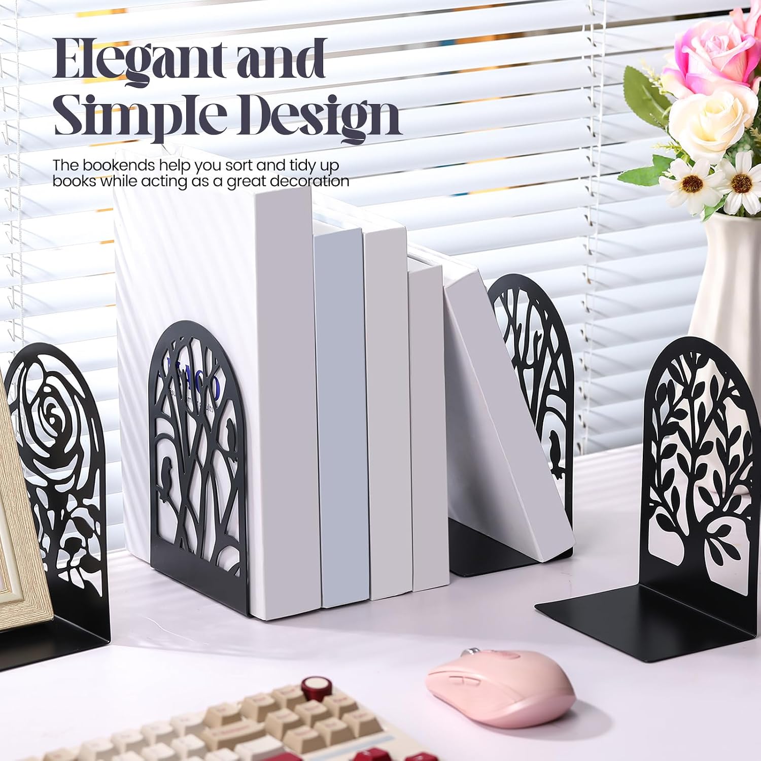 6 Pairs Decorative Book Ends Metal Bookends / Tree and Flower / Black