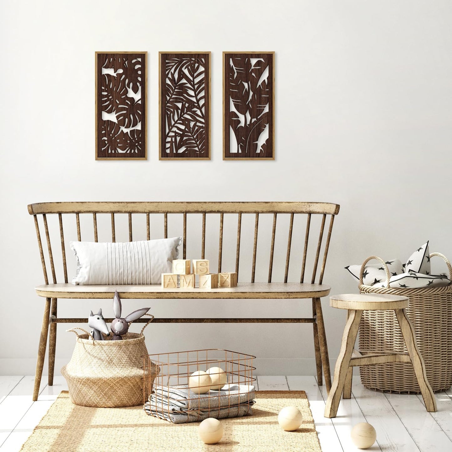 Vintage Leaf Plant Hanging Wood Plaque Wall / Tropical Leaf Wooden Wall Art / Set of 3
