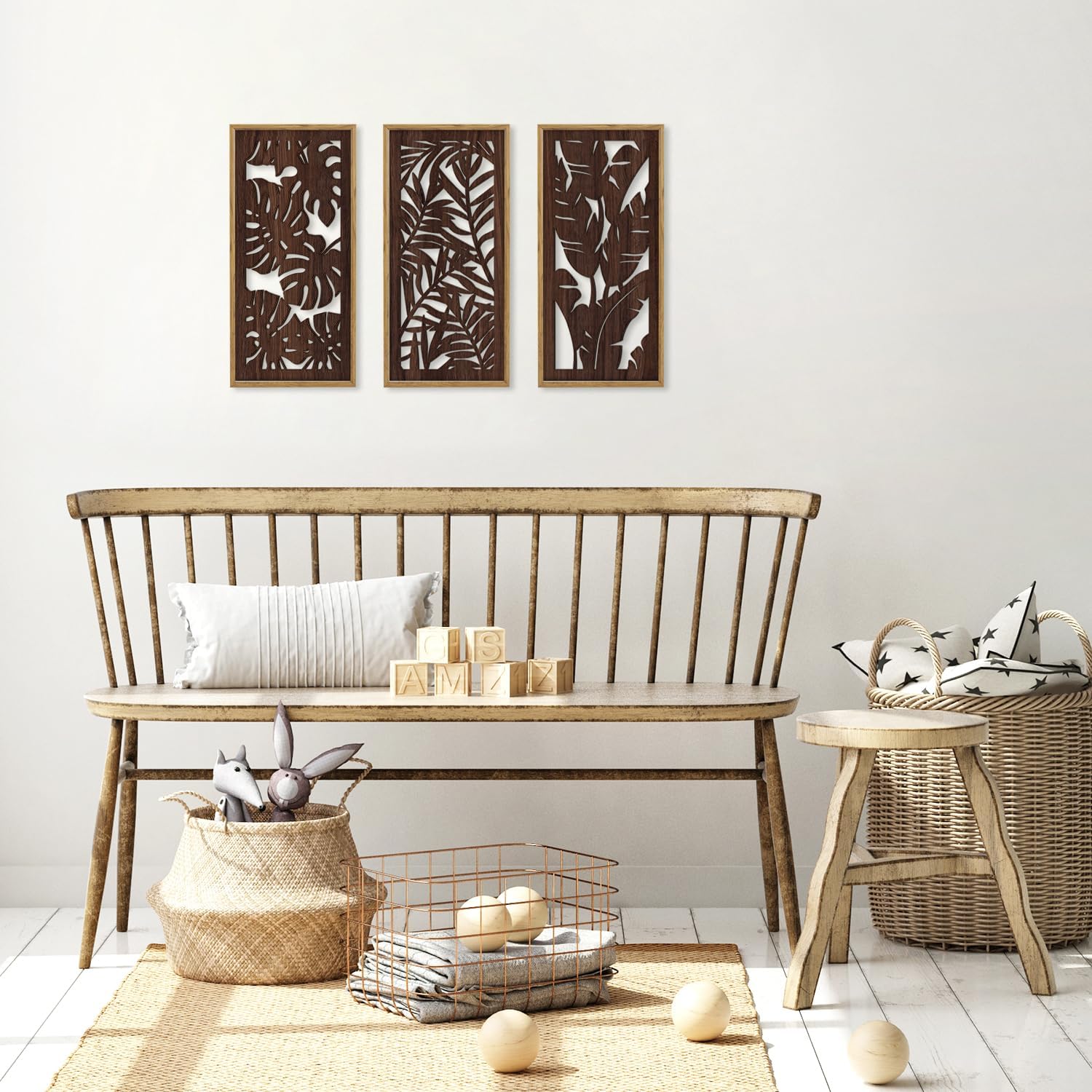 Vintage Leaf Plant Hanging Wood Plaque Wall / Tropical Leaf Wooden Wall Art / Set of 3