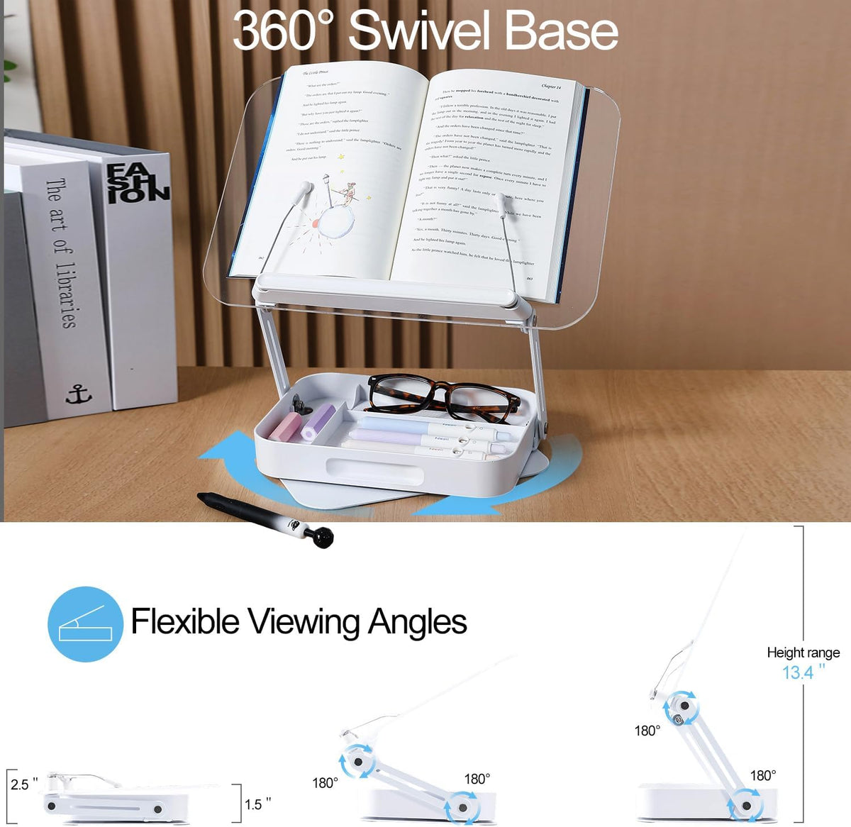 ZOEY Acrylic Book Stand for Reading Adjustable Book Holder with 360 Rotating Base and Storage Foldable Desktop Riser