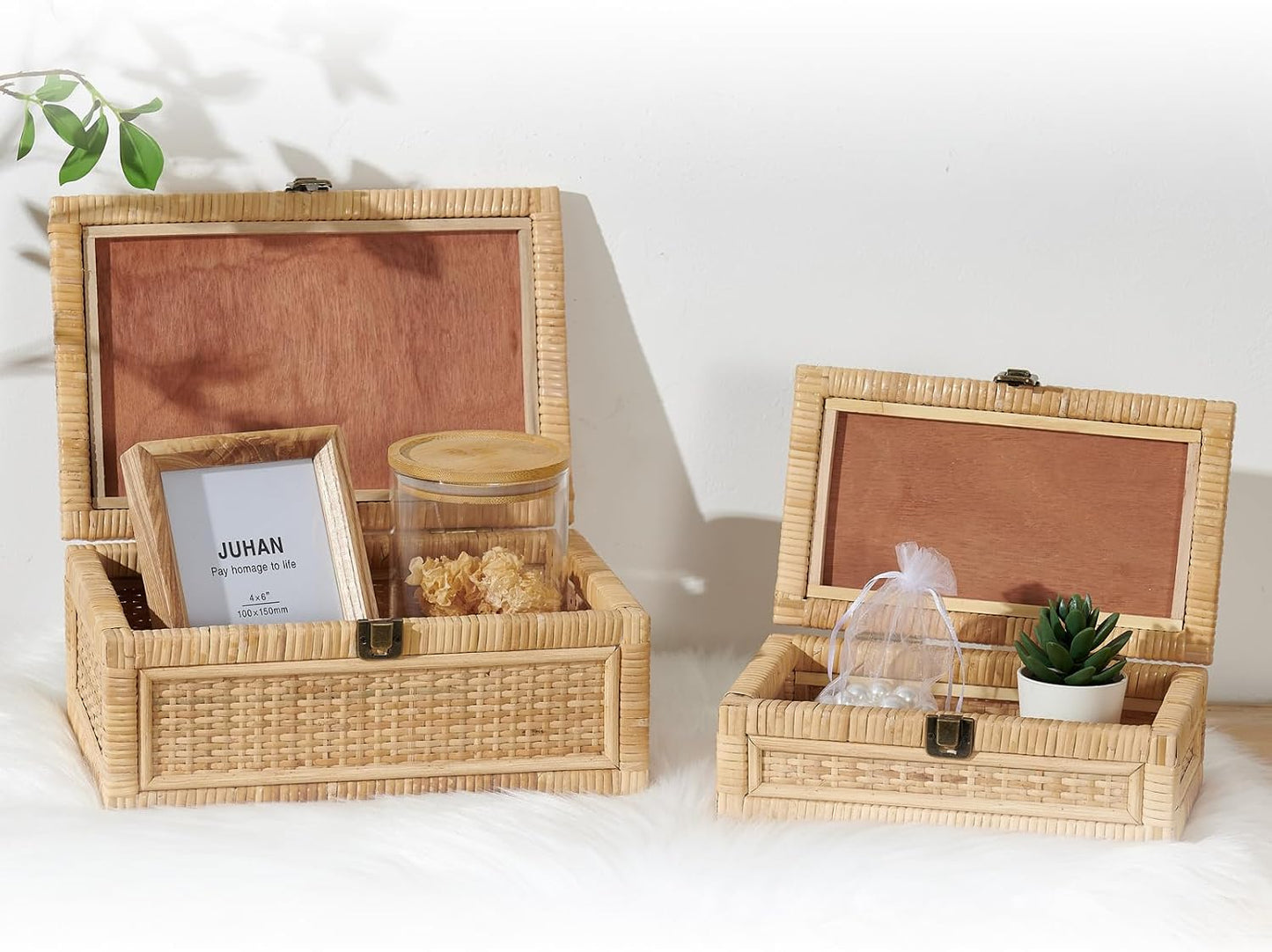 Lid Decorative Handmade Boho Baskets Woven Wicker Cane Bins Keepsake Memory / Natural / Set of 2