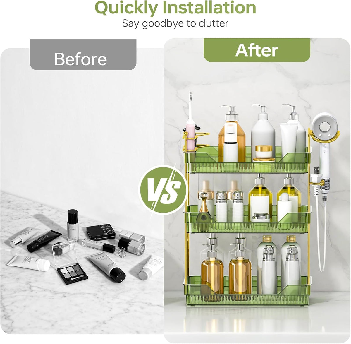 Bathroom Counter Organizer with Hair Dryer Holder and Toothbrush Holder, Acrylic Vanity Tray for Skincare, Perfume