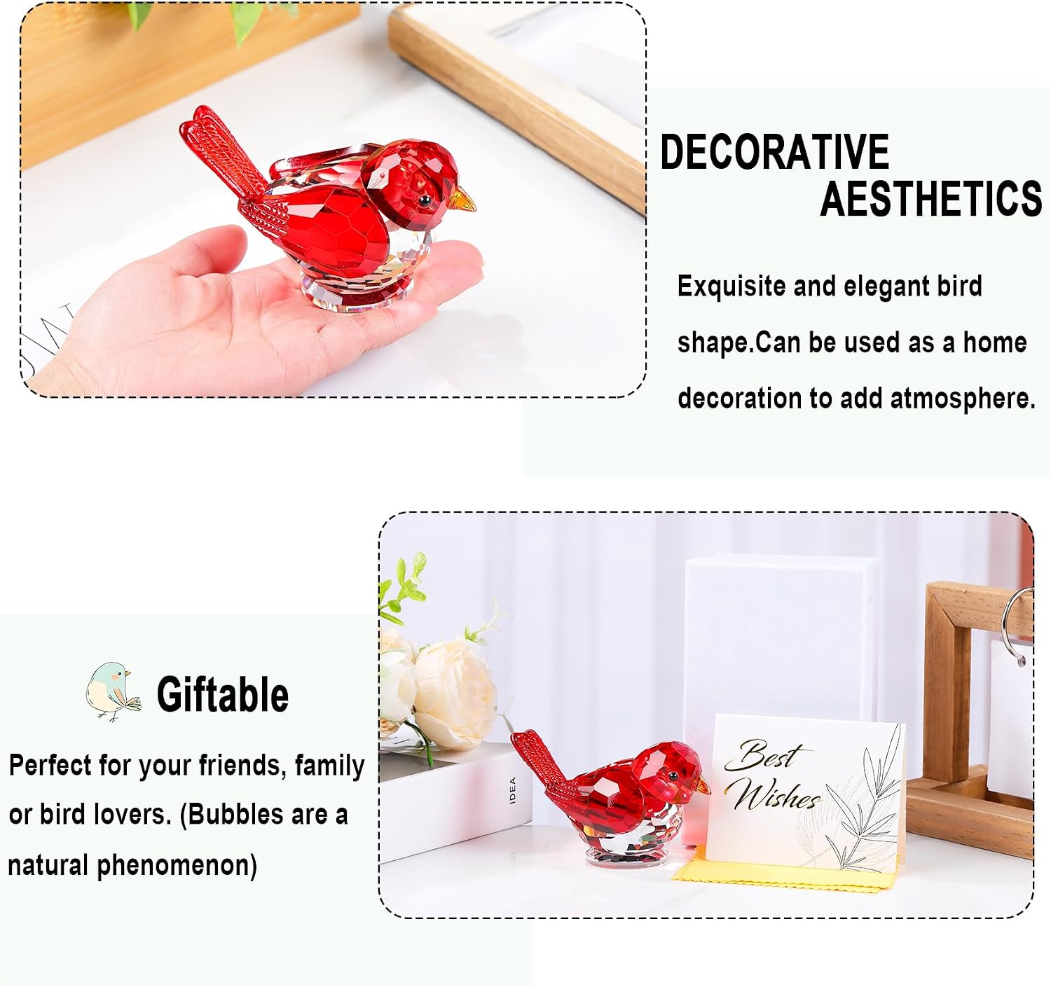 Crystal Bird Figurine Gifts for Women Men Art Glass Birds Collectible Statue Decorative / Red