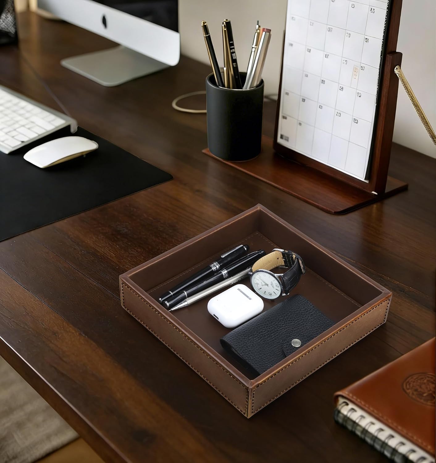 Faux Leather Vanity Tray / Brown / 8 x 8 x 1.8