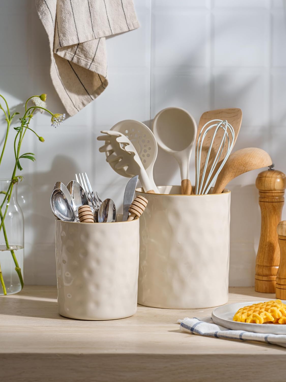 famiware Ceramic Utensil Holder, 7.2"+5.8", Set of 2, Vanilla White | Cooking Utensil Crocks, Organizer for Spatula &