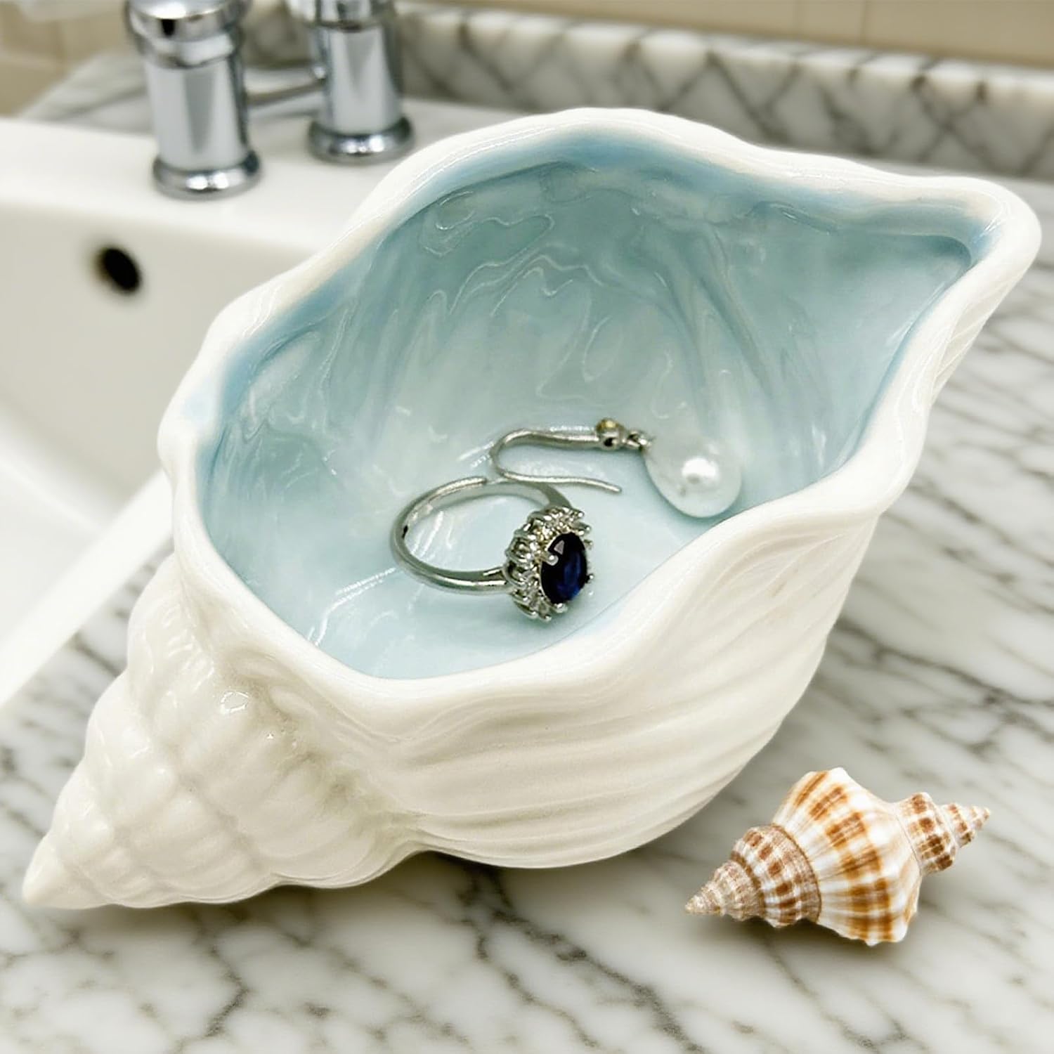 Conch Jewelry Dish Ceramic Jewelry Tray / White + Blue