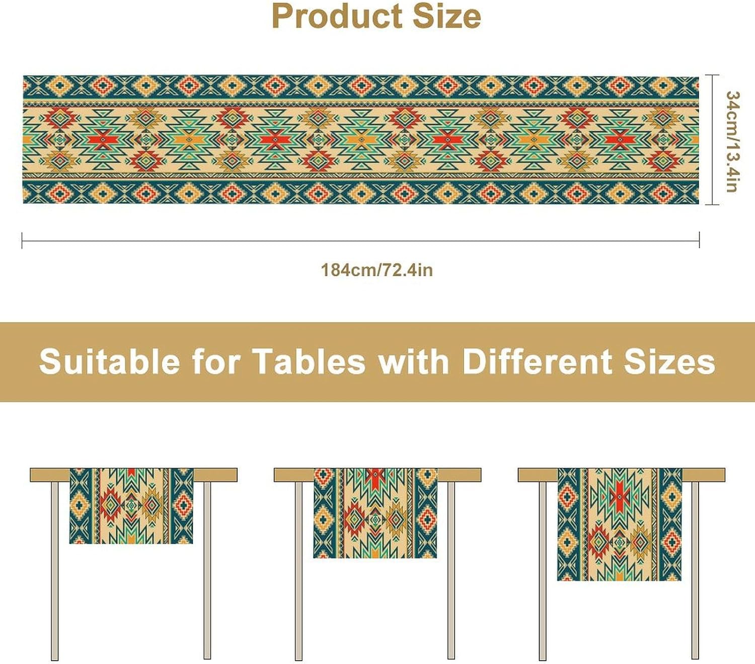 Aztec Southwest Table Runner,Ethnic Style Design Boho Geometric Pattern Printed Linen Table Runner for Home Kitchen