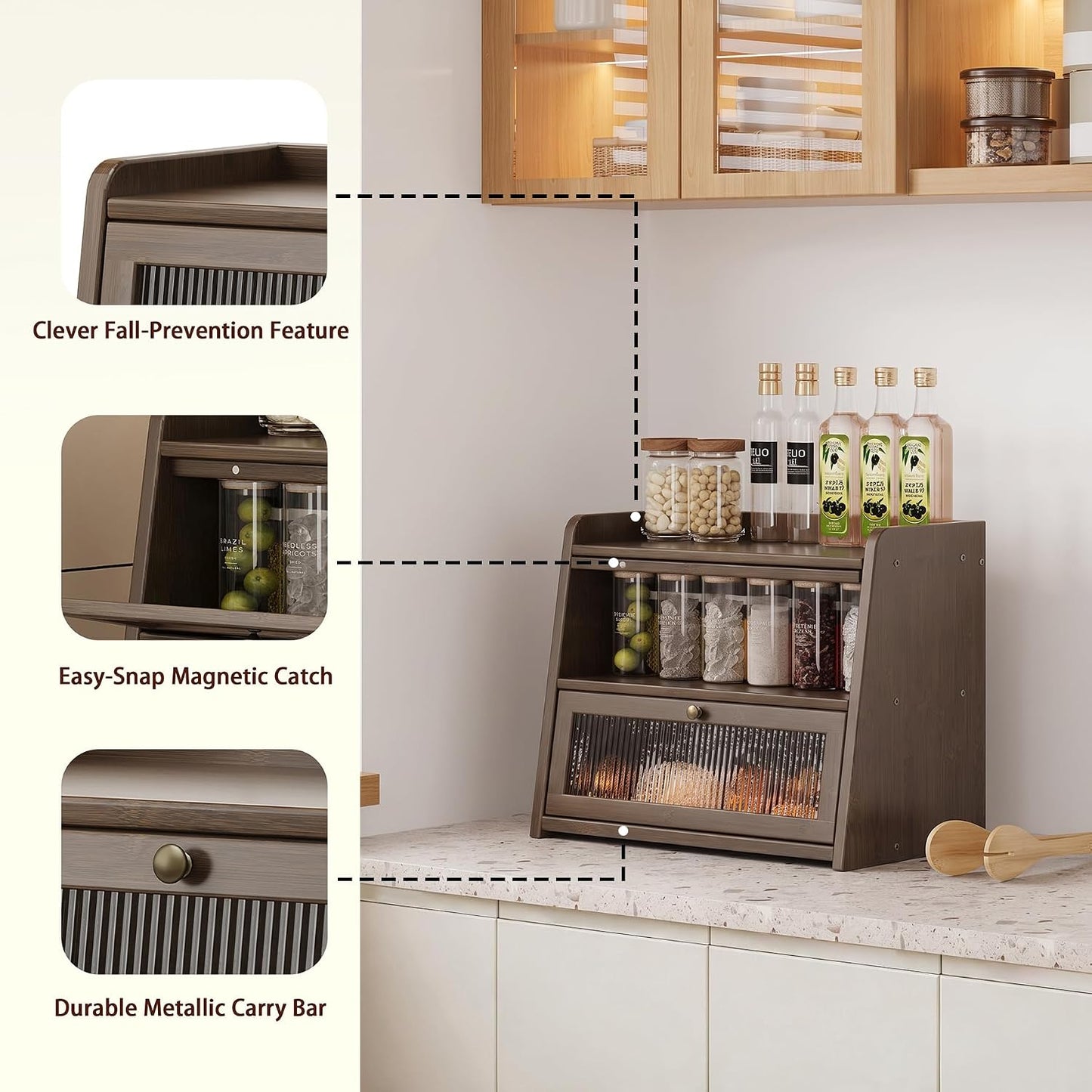 Large Bamboo Bread Box for Kitchen Countertop Bread Storage | Natural Bamboo, Corner Bread Box, Double Layer with Clear