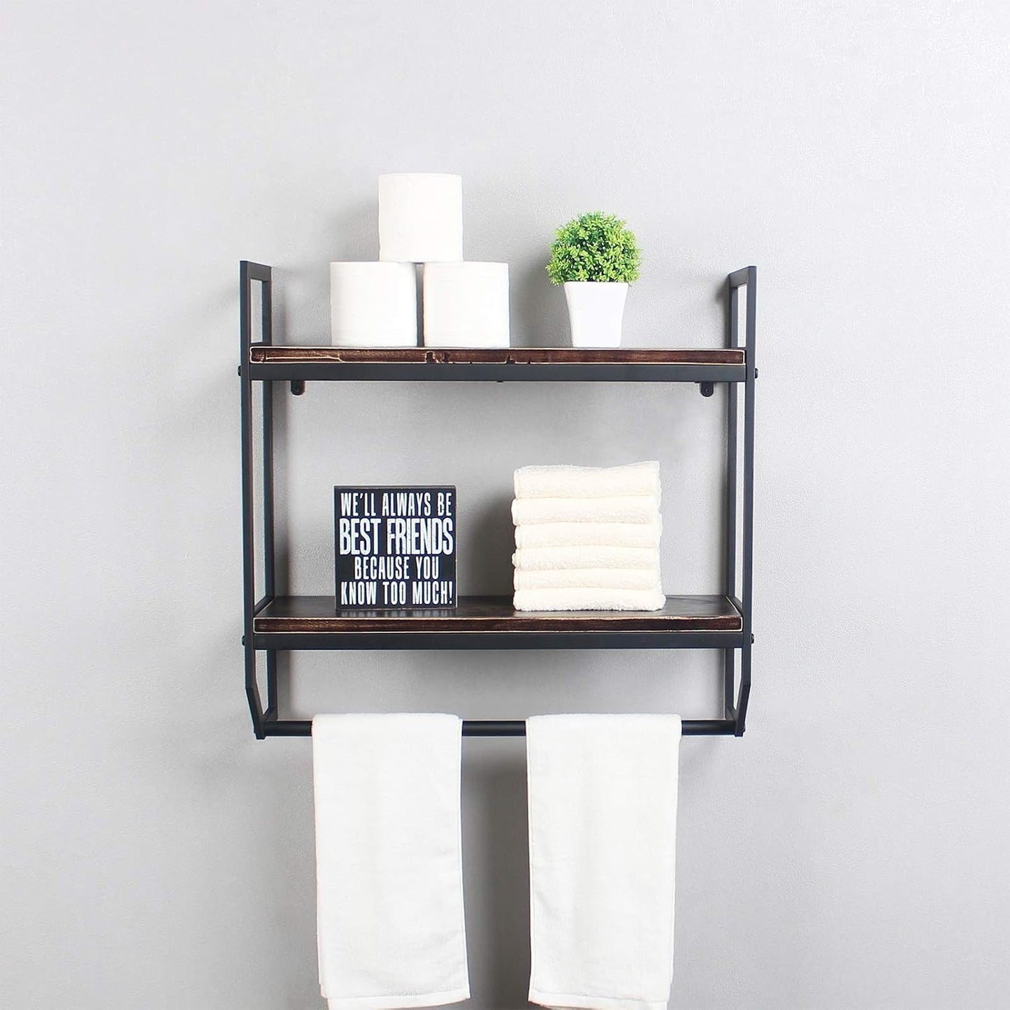 2-Tier Metal Industrial 23.6" Bathroom Shelves Wall Mounted,Rustic Wall Shelf Over Toilet,Towel Rack with Towel