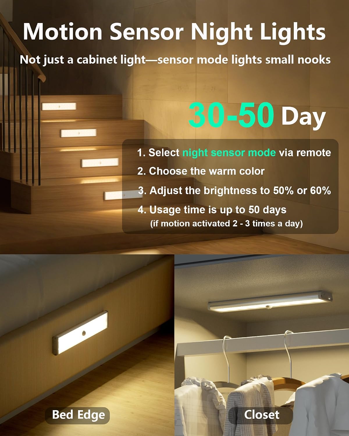 SZOKLED Motion Sensor Night Lights, 58-LED RGB Under Cabinet Lighting Wireless, 1100mAh Rechargeable Under Cabinet