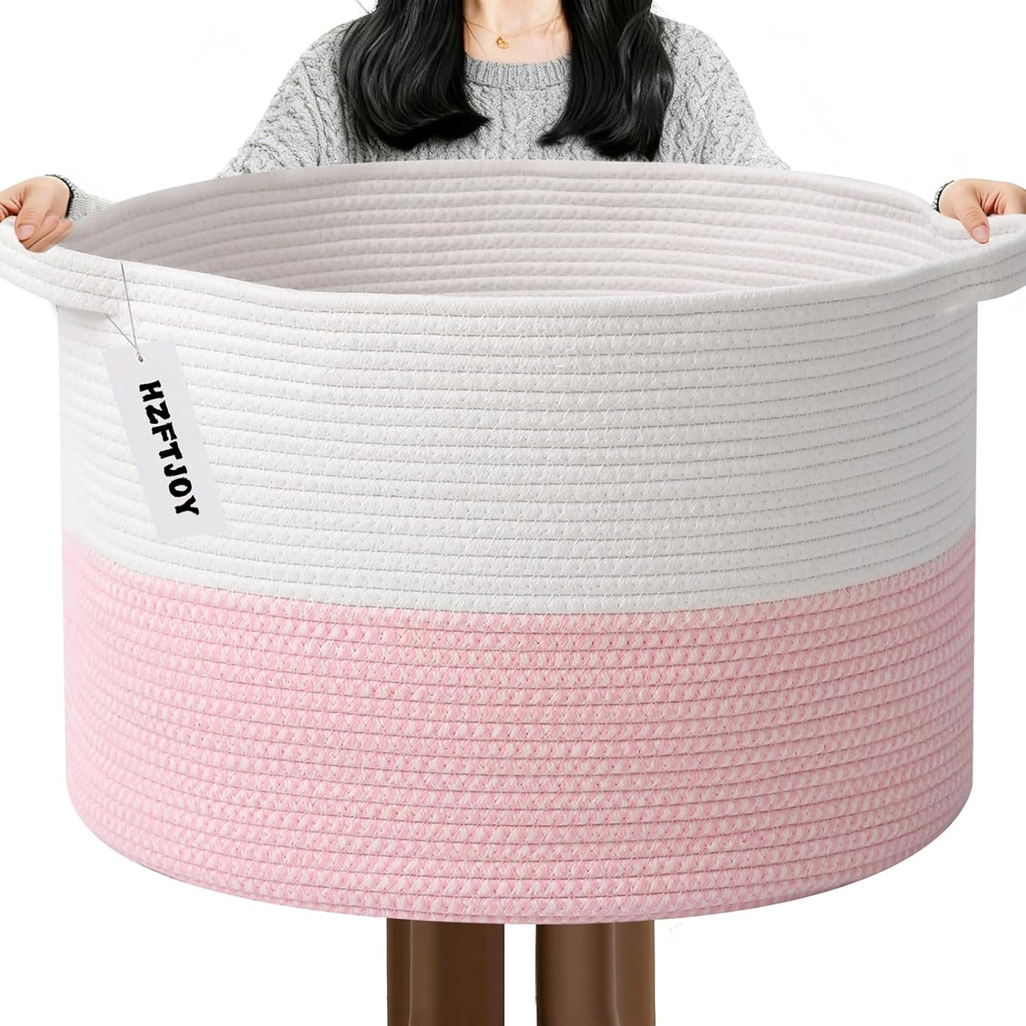 65L Large Pink Woven Cotton Rope Basket with Handles