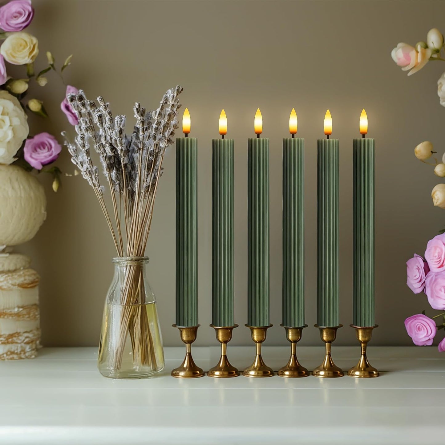 10" Fluted Ribbed LED Sage Olive Loden Green Grooved Real Wax Taper Candles, Remote & 24h Timer Memory, On/Off Switch
