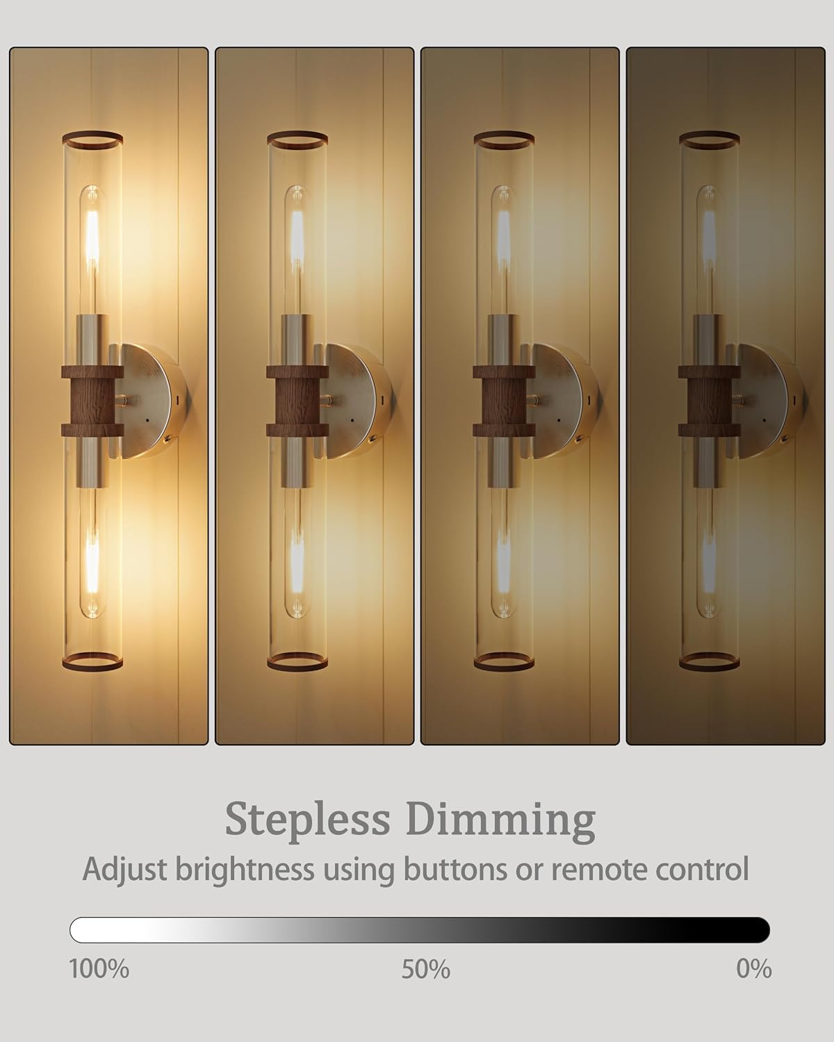 Rayogale Nickel & Walnut Wireless Battery Operated Wall Sconces with Remote | Glass Rechargeable Wall Lights Set of 2