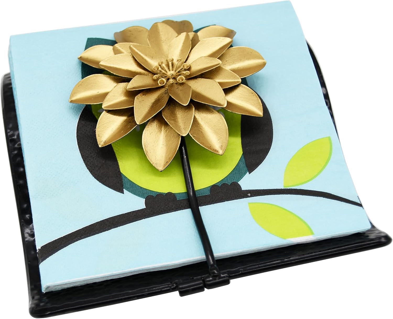Flat Napkin Holder w/Golden Flower Weighted Arm / Black
