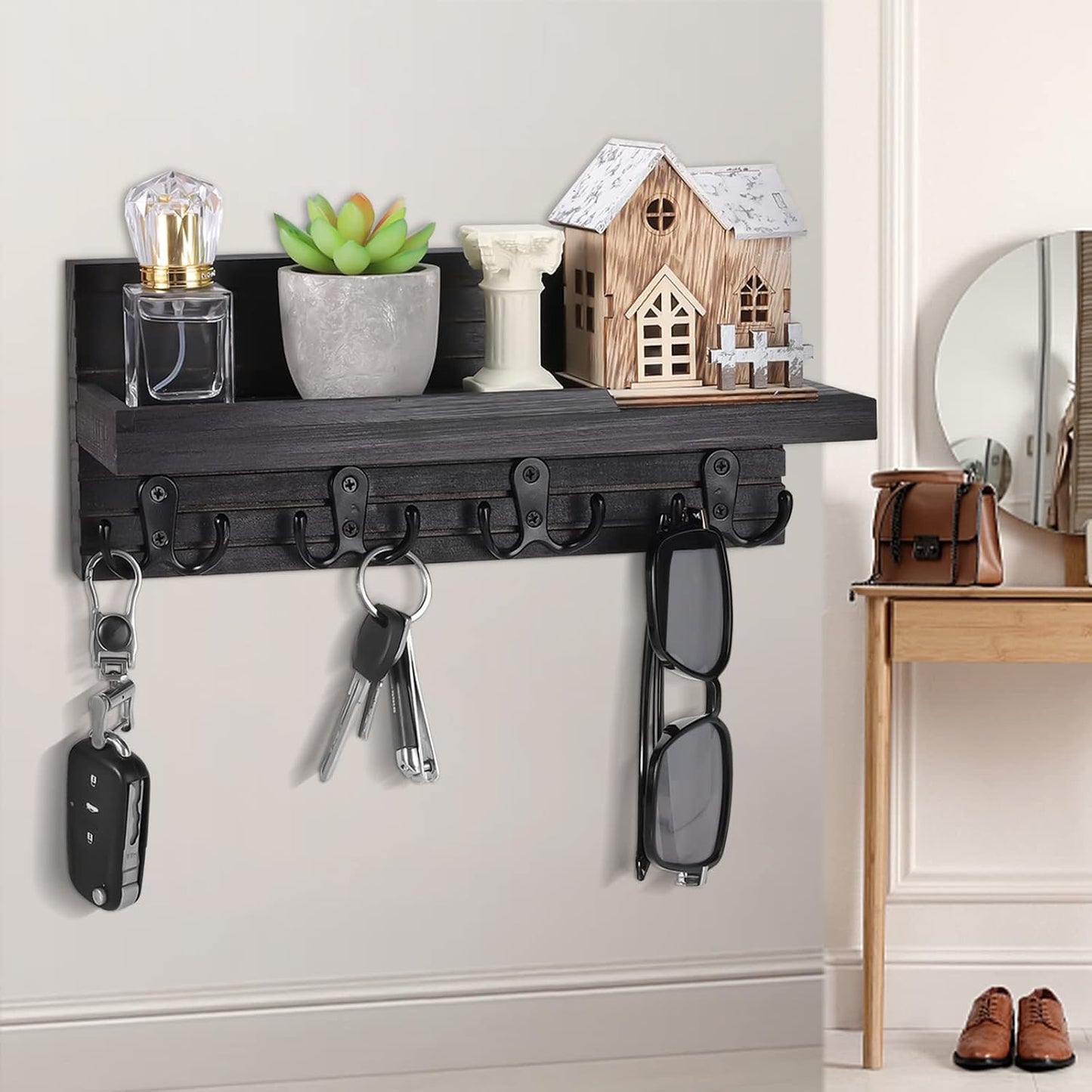 Easy Install Natural Wooden Key and Mail Holder / Carbon Black