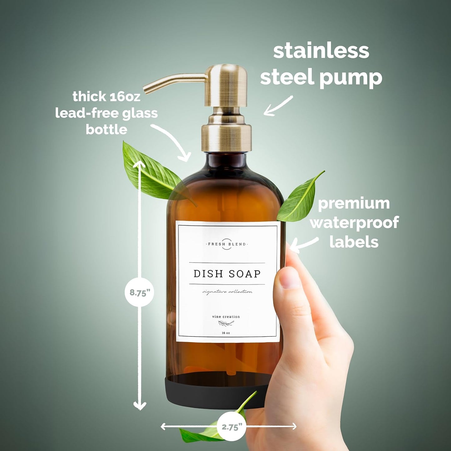 Vine Creations Amber Glass Soap Dispenser, 2 Pack Kitchen Soap Dispenser Set with Stainless Steel Pump, 16 oz Dish Soap
