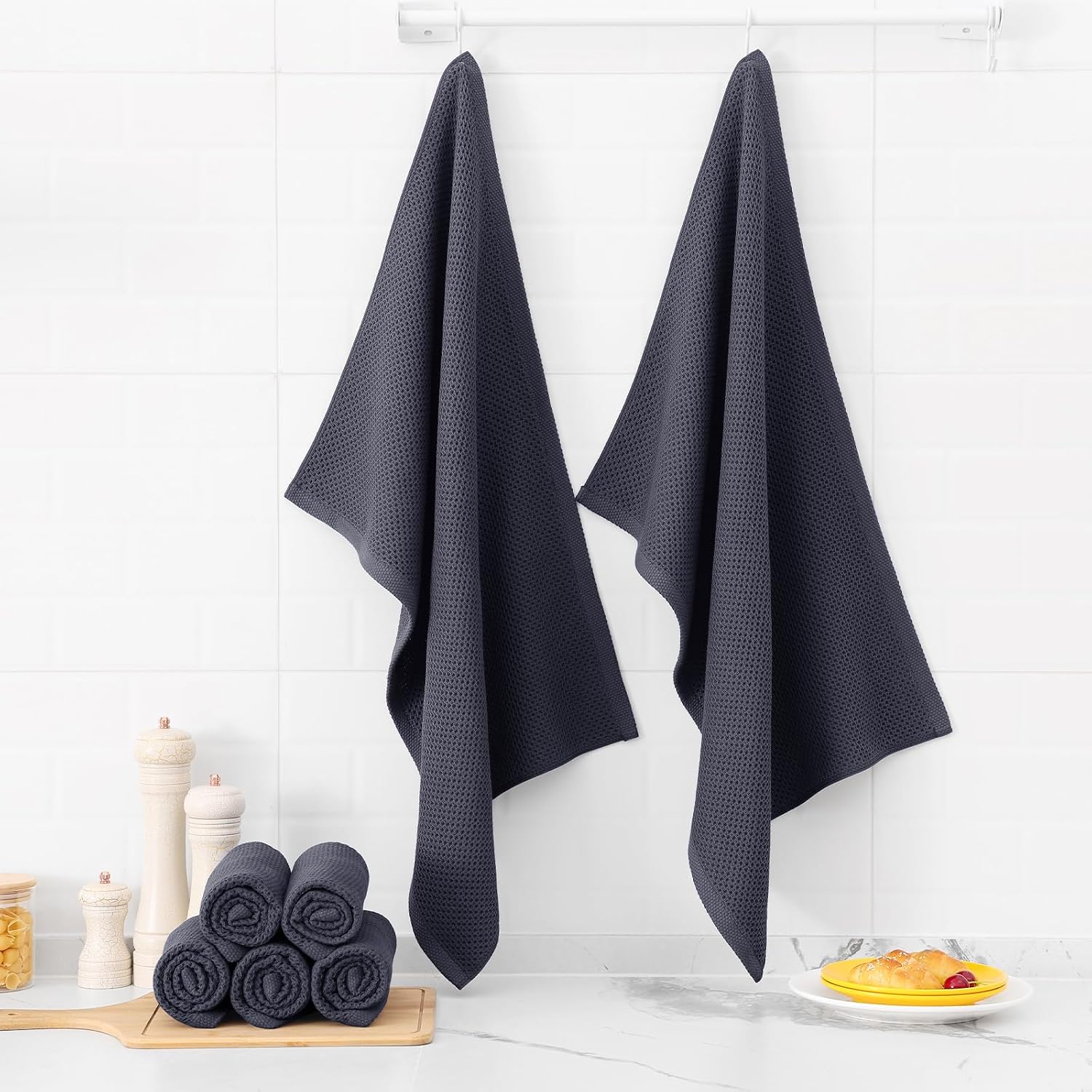 Kitinjoy 100% Cotton Waffle 4-Pack Kitchen Towels, 20" x 28", Dark Grey | Super Soft, Ultra-Absorbent, Fast Drying