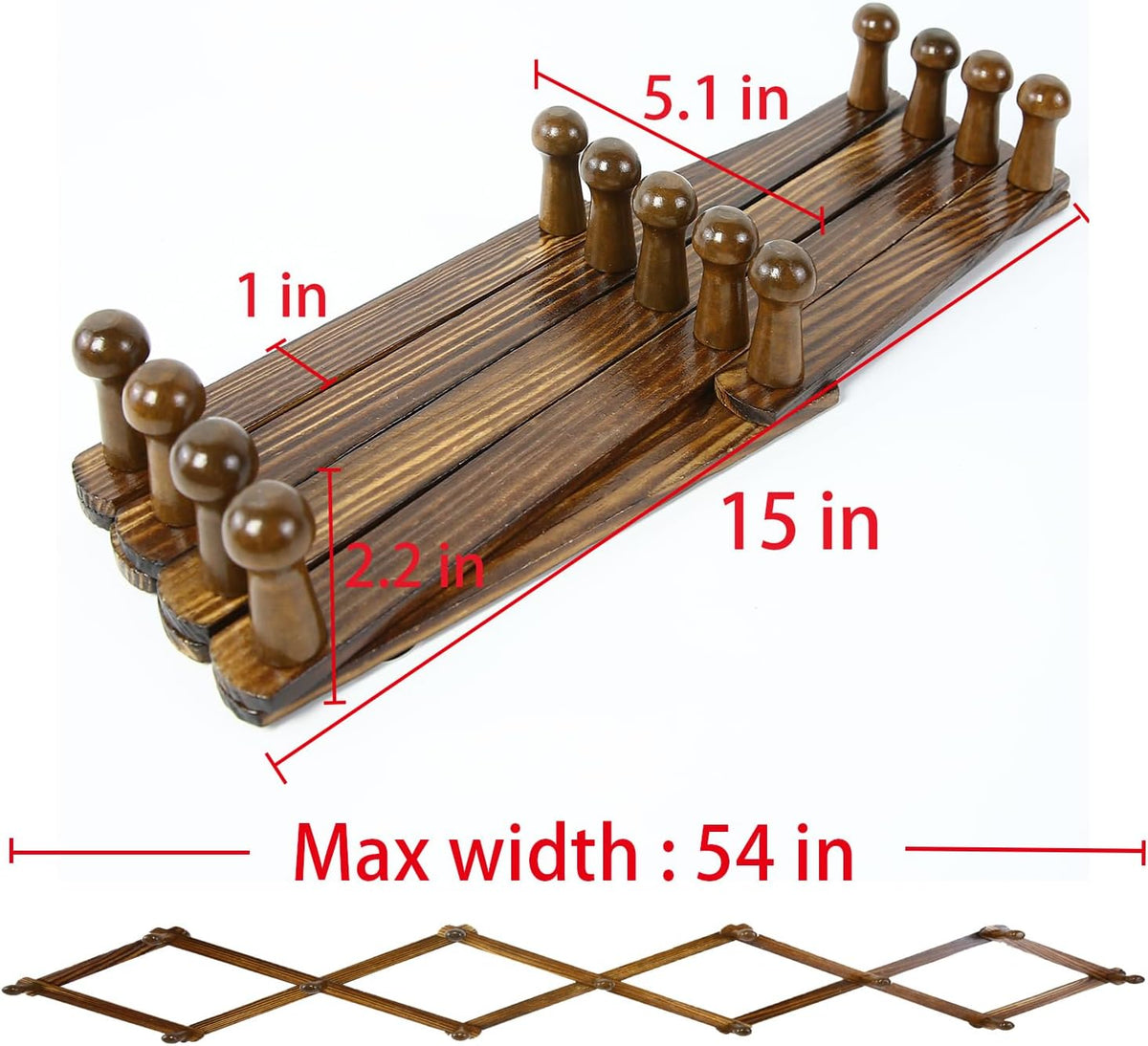 AMAPON Accordion Wall Hanger Expandable Coat Hat Rack 13Peg (Walnut) | Hang Hats Jackets Coffee Mug Purses Necklaces