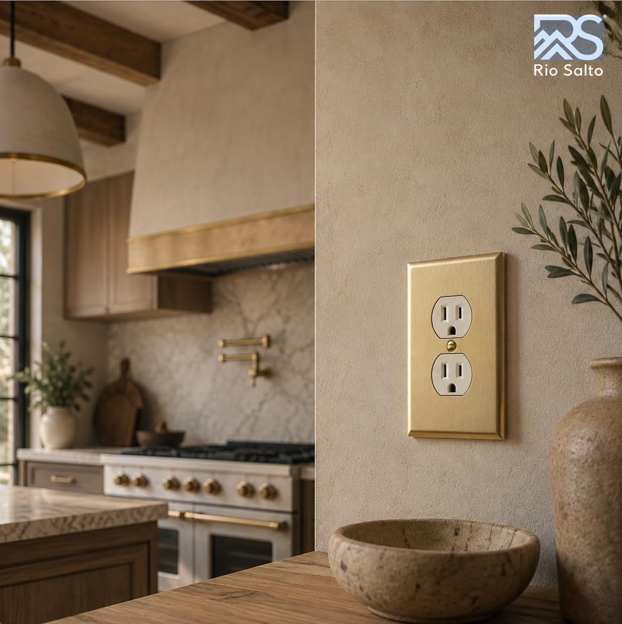 Rio Salto BRASS Decorative Brushed Brass Gold Outlet Covers Duplex Outlet Cover Receptacle Wall Plate 4 Pack Premium