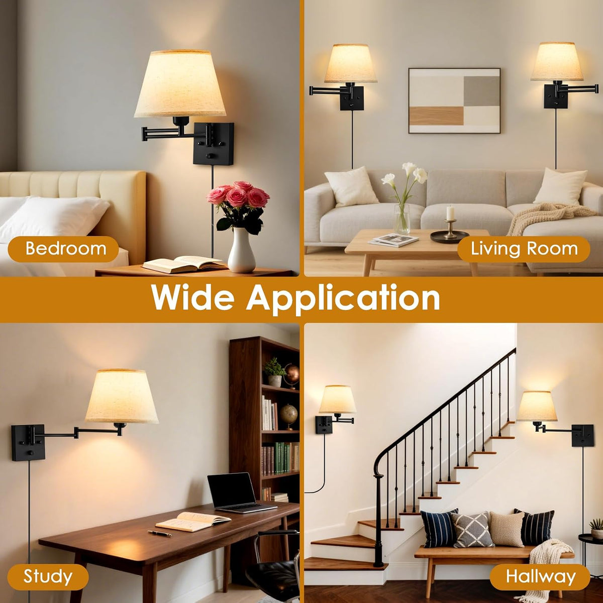Wall Sconces Set of 2, Dimmable Wall Sconce, Plug in Wall Lights, E26 Based | Wall Lamp with Fabric Shade & Adjustable