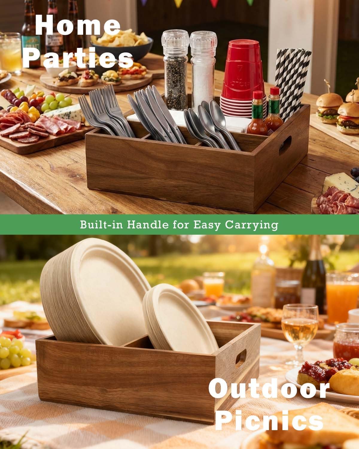 Acacia Wood Utensil Holder for Party -Nested Set of 2(Large 11" x 9.5" Plate Holder & Small 10" x 9" Utensil Caddy)
