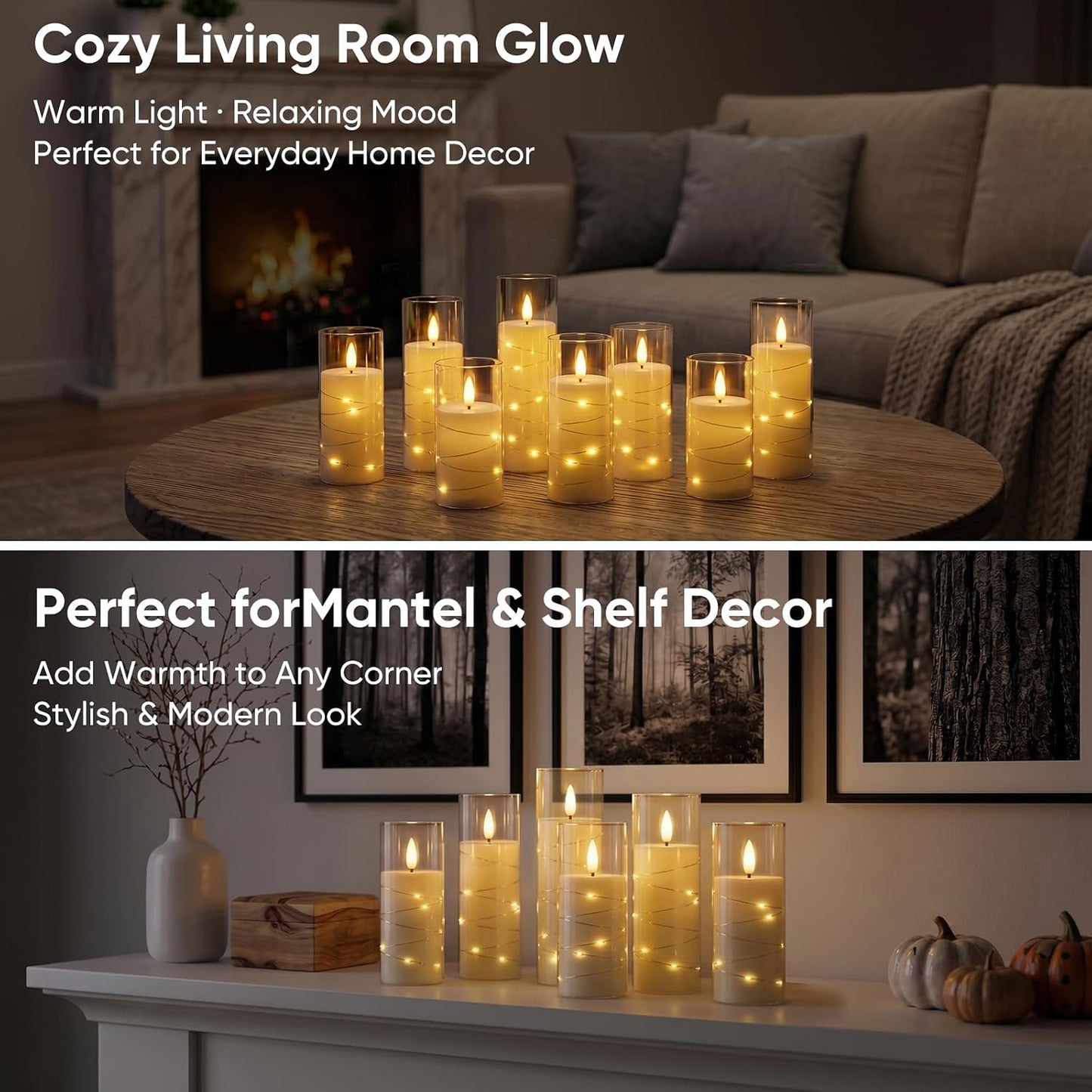 Homemory Flameless Candles with Remote Timer, Clear Acrylic Flickering LED Pillar Candles with Embedded Fairy String