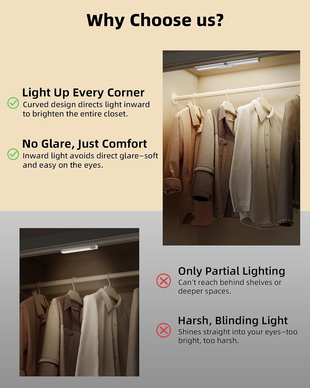 EZVALO 15-inch Motion Sensor Closet Lights with Adjustable Sensor | Rechargeable Battery, Glare-Free, Indoor Use, 3