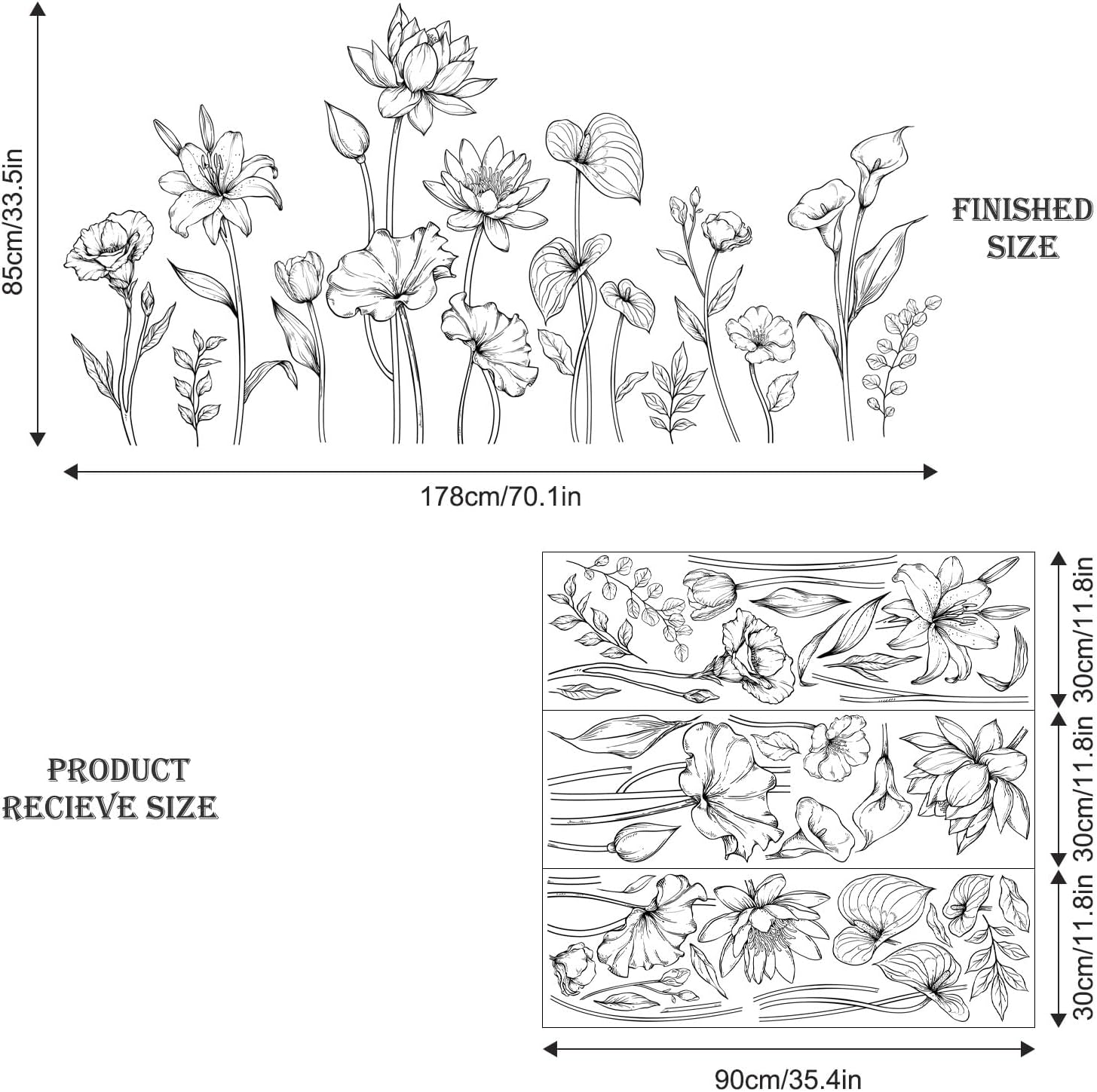 Large and White Flower Wall Decals Simple Modern Minimalist Garden / XL- Garden Flower Set / Black