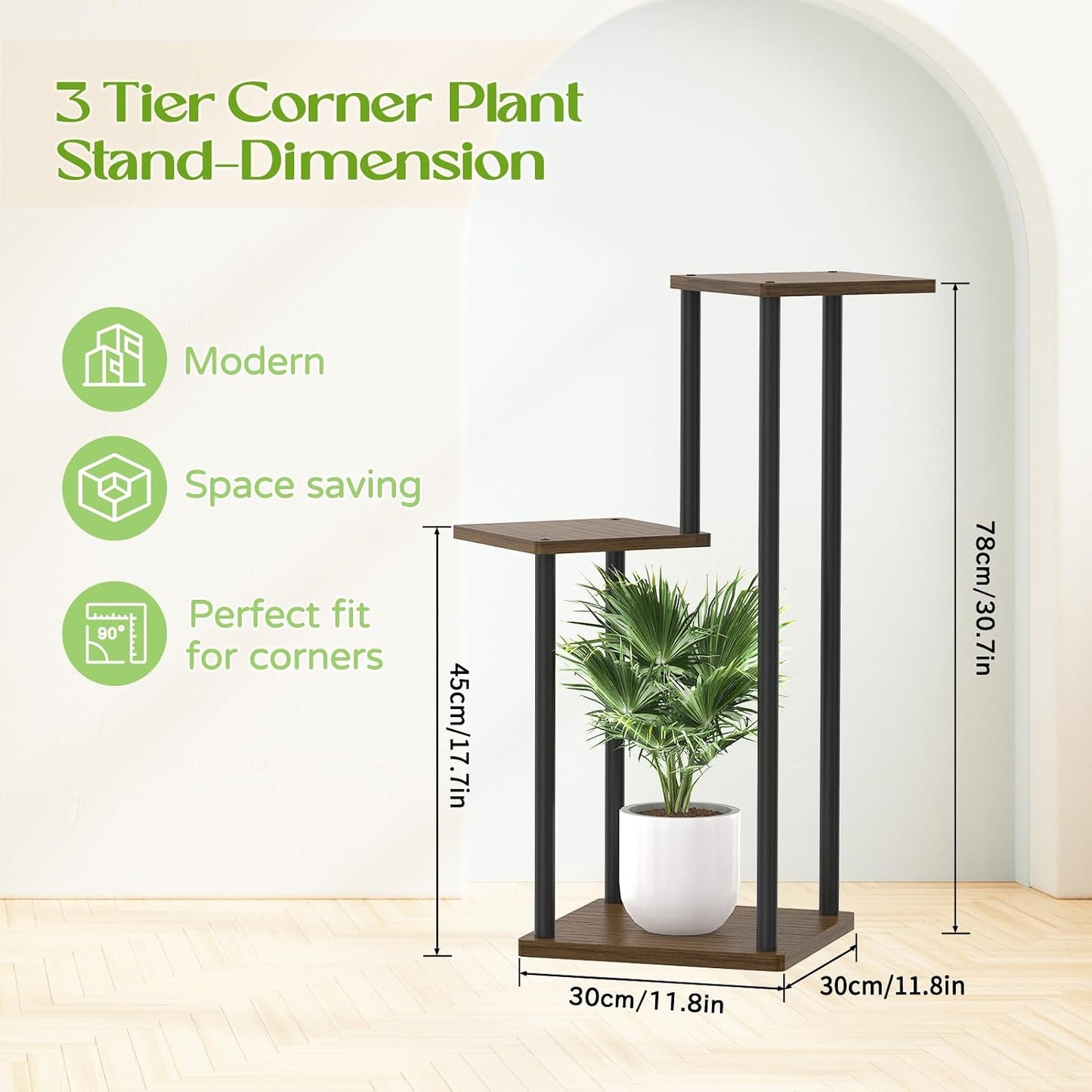 3 Tier Plant Stand Indoor Outdoor,Oppro Wood Metal Corner Flower Shelf | Planter Pot Holder Clearance, Multiple Plants