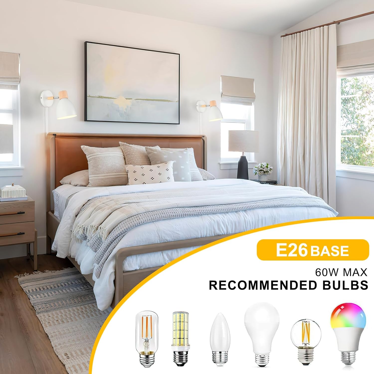 Wall Sconces Plug in, Swing Arm Wall Lamp with Power Cord, White Plug in Wall Lighting Fixtures Set of Two, Bedside
