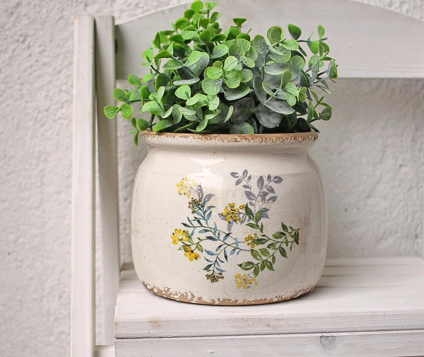 Cottage Rustic Clay Ceramic Tabletop Flower Pots / Yellow Sage