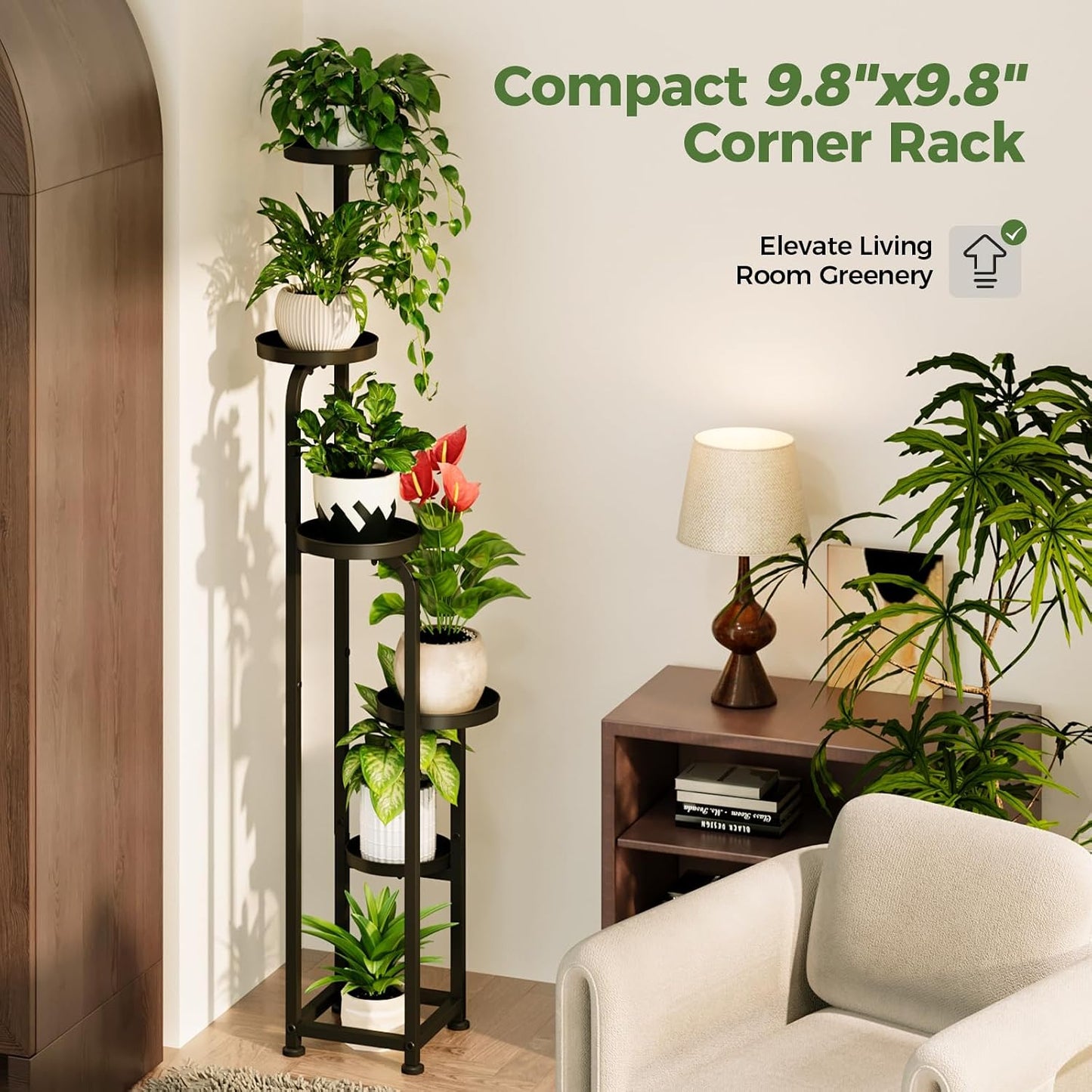 Bamworld Tall Plant Stand Indoor Outdoor Corner Metal Flower Pot Stands | 5 Tier Black Heavy Duty Plant Shelf for